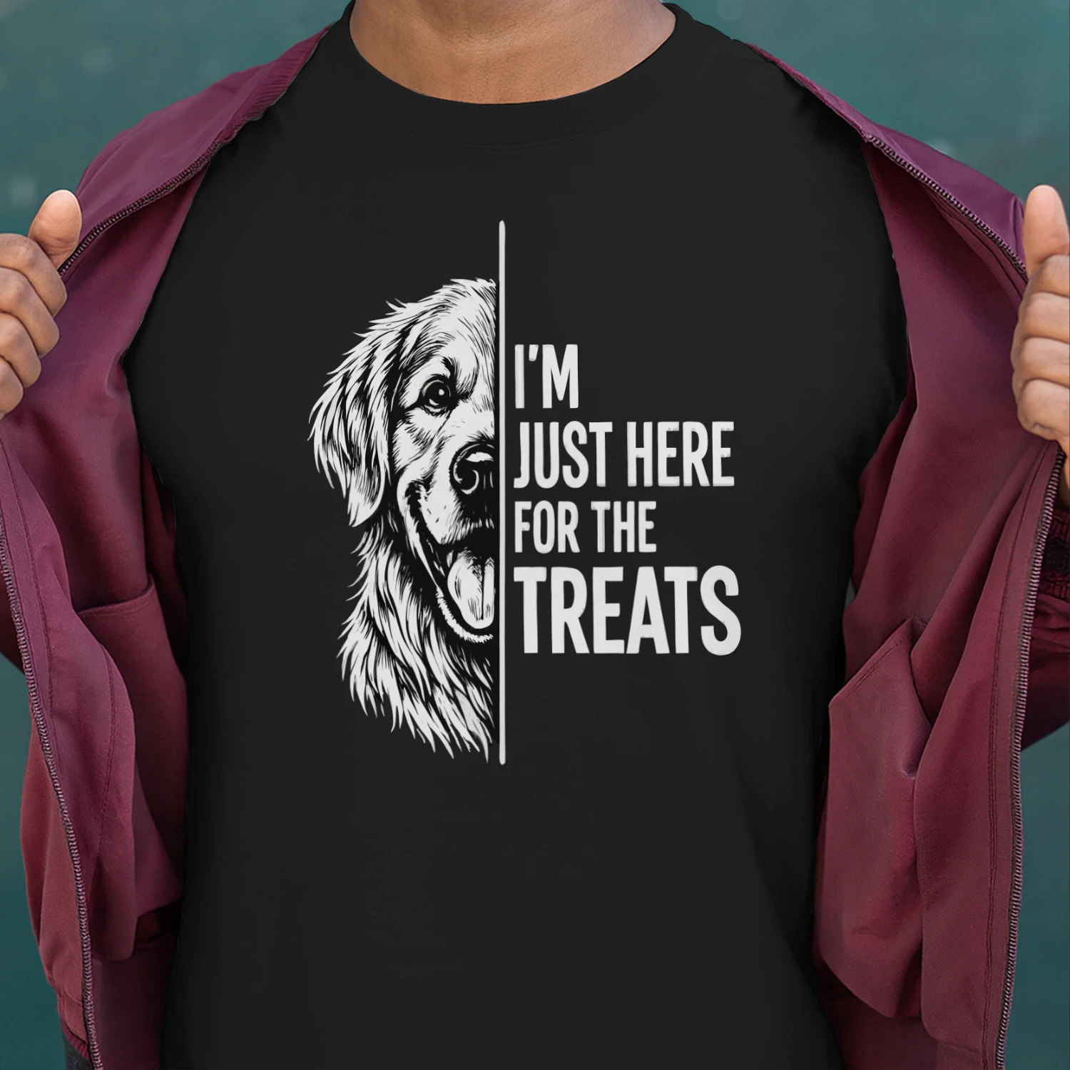 I’m Just Here for the Treats Golden Retriever Shirt – Funny Dog Lover Tee, Bold Black & White Pet Quote Design