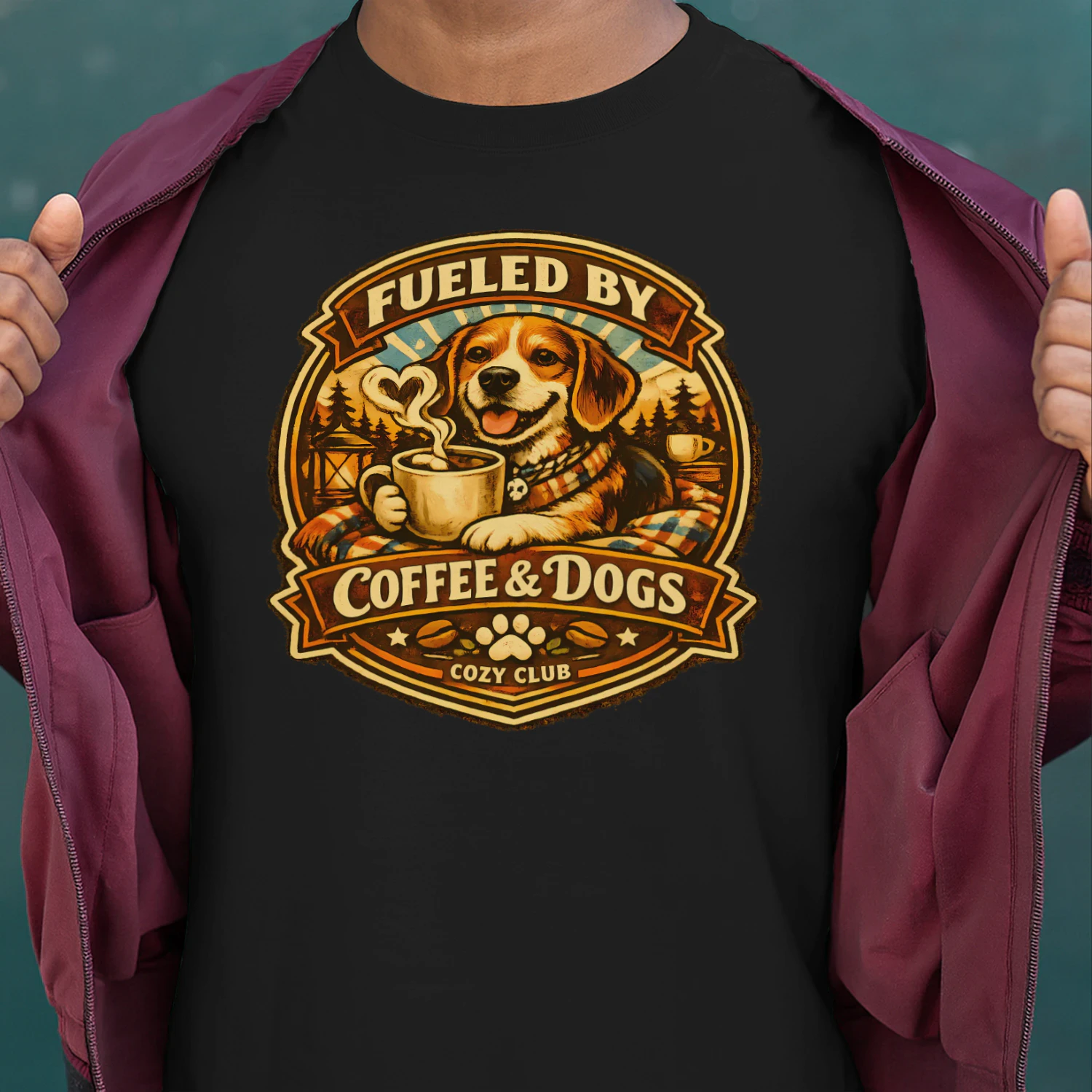 Fueled by Coffee & Dogs Shirt – Cozy Club Dog Lover Tee, Warm Camping Vibes, Coffee Lover Design