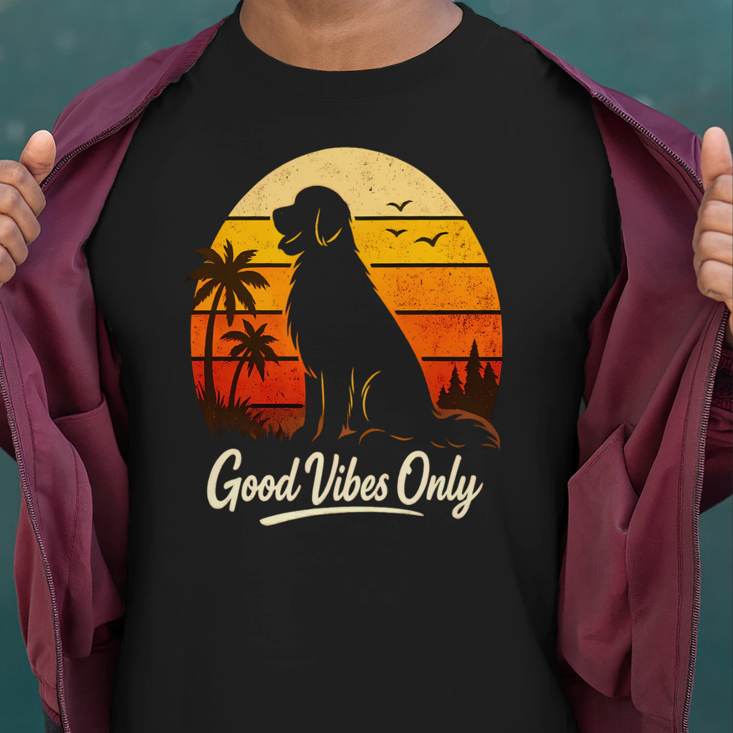 Good Vibes Only Dog Silhouette Shirt – Retro Sunset Tee, Tropical & Forest Mixed Design, Positive Vibes Pet Graphic