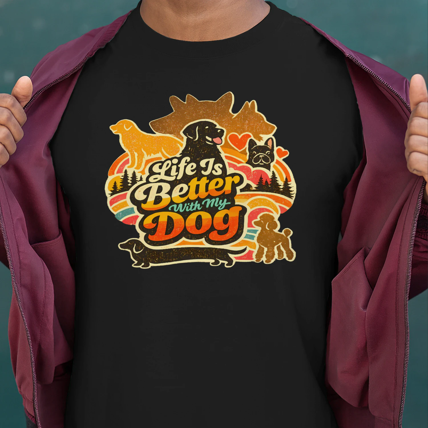 Life Is Better With My Dog Shirt – Retro Sunset Multi-Breed Dog Lover Tee, Vintage Outdoor Pet Parent Gift