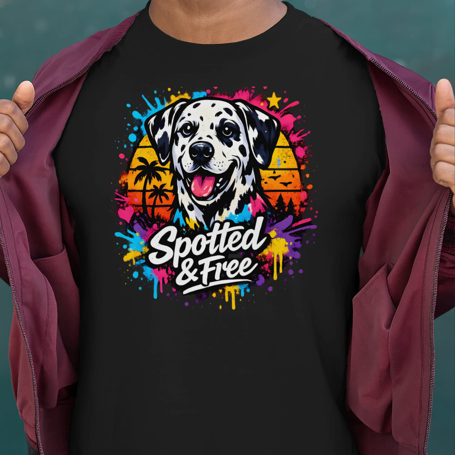 Spotted & Free Dalmatian Shirt – Tropical Sunset Dog Lover Tee, Vibrant Color Splash Pet Design
