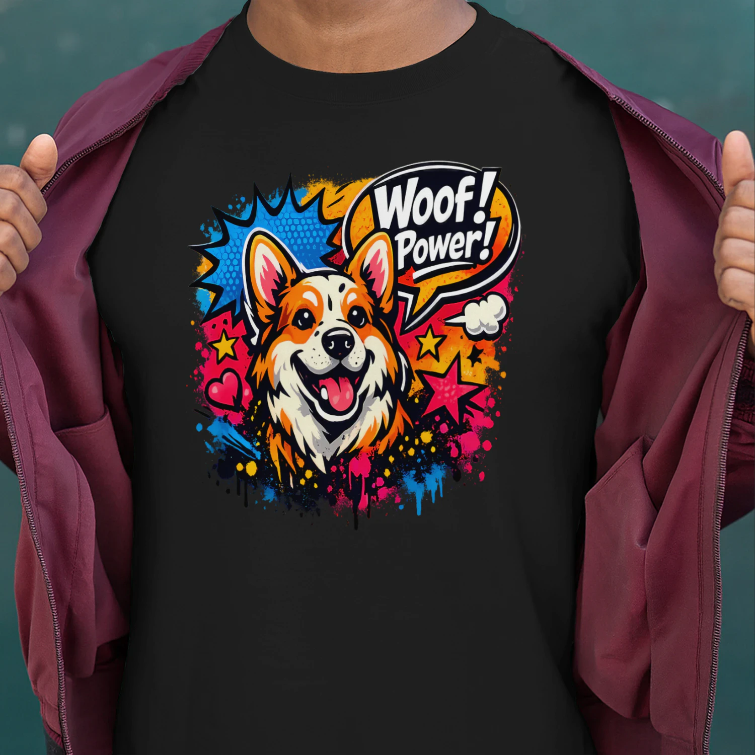 Woof! Power! Corgi Shirt – Pop Art Dog Lover Tee, Comic Book Style, Vibrant Color Splash Pet Design