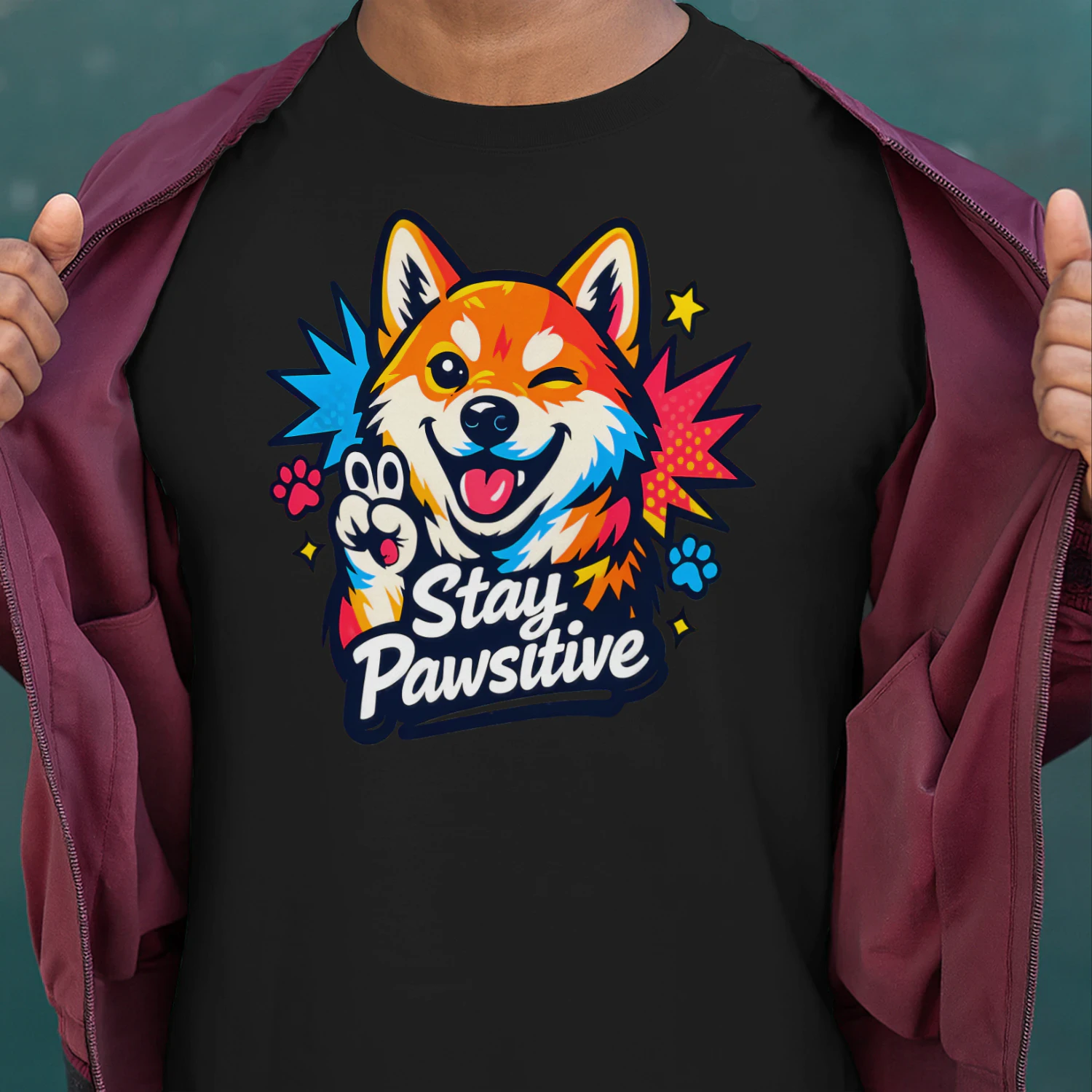 Stay Pawsitive Shiba Inu Shirt  – Comic Book Dog Lover Tee, Pop Art Style, Vibrant Color Burst Pet Design