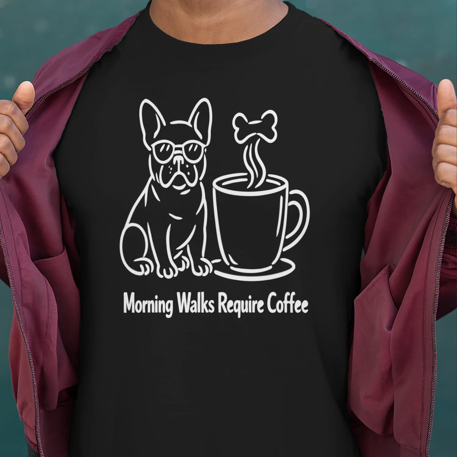 Morning Walks Require Coffee French Bulldog Shirt – Funny Minimalist Dog Lover Tee, Frenchie Mom Gift, Coffee Addict Apparel