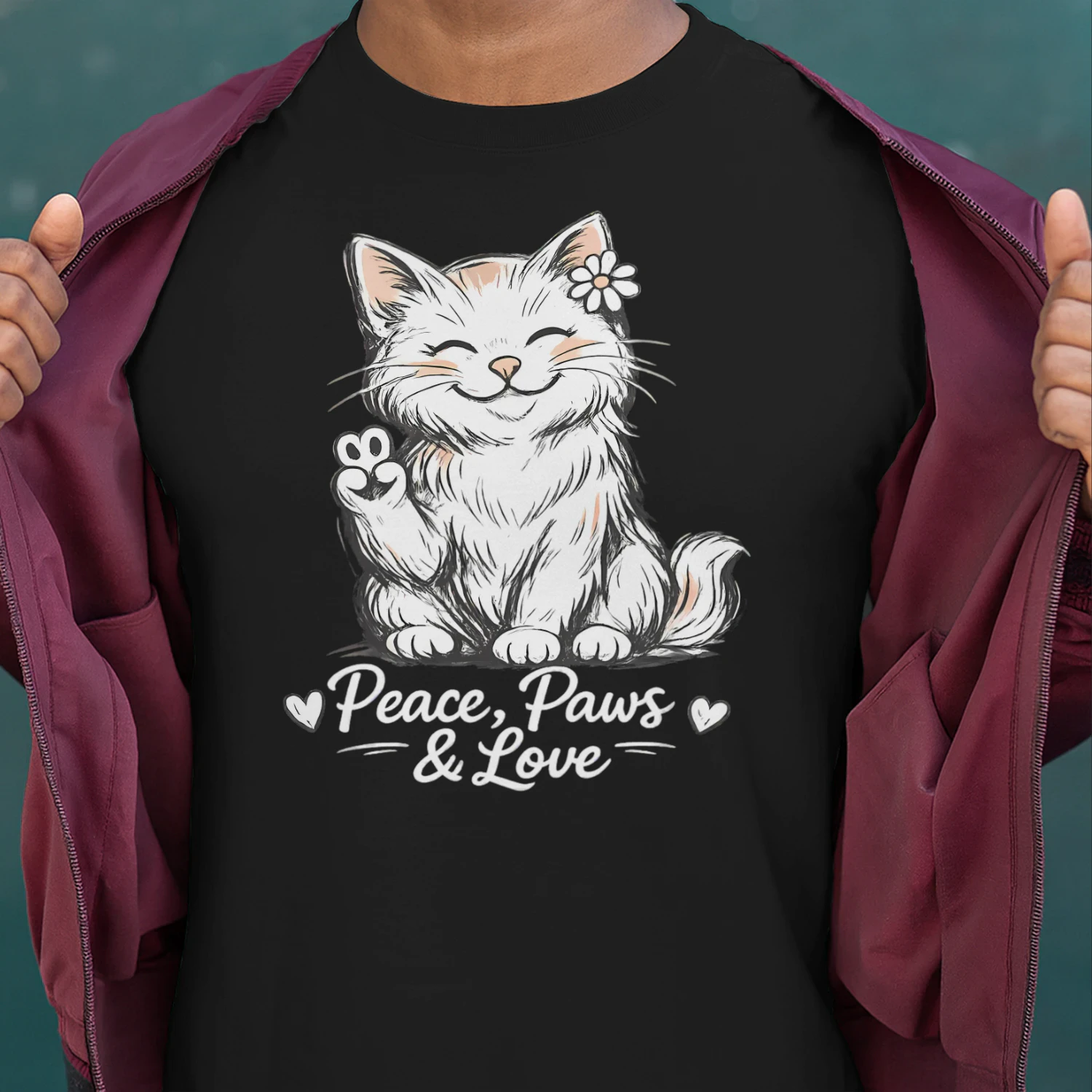 Peace, Paws & Love Cat Shirt – Cute Cartoon Cat Lover Tee, Positive Vibes Pet Design, Soft Aesthetic Graphic