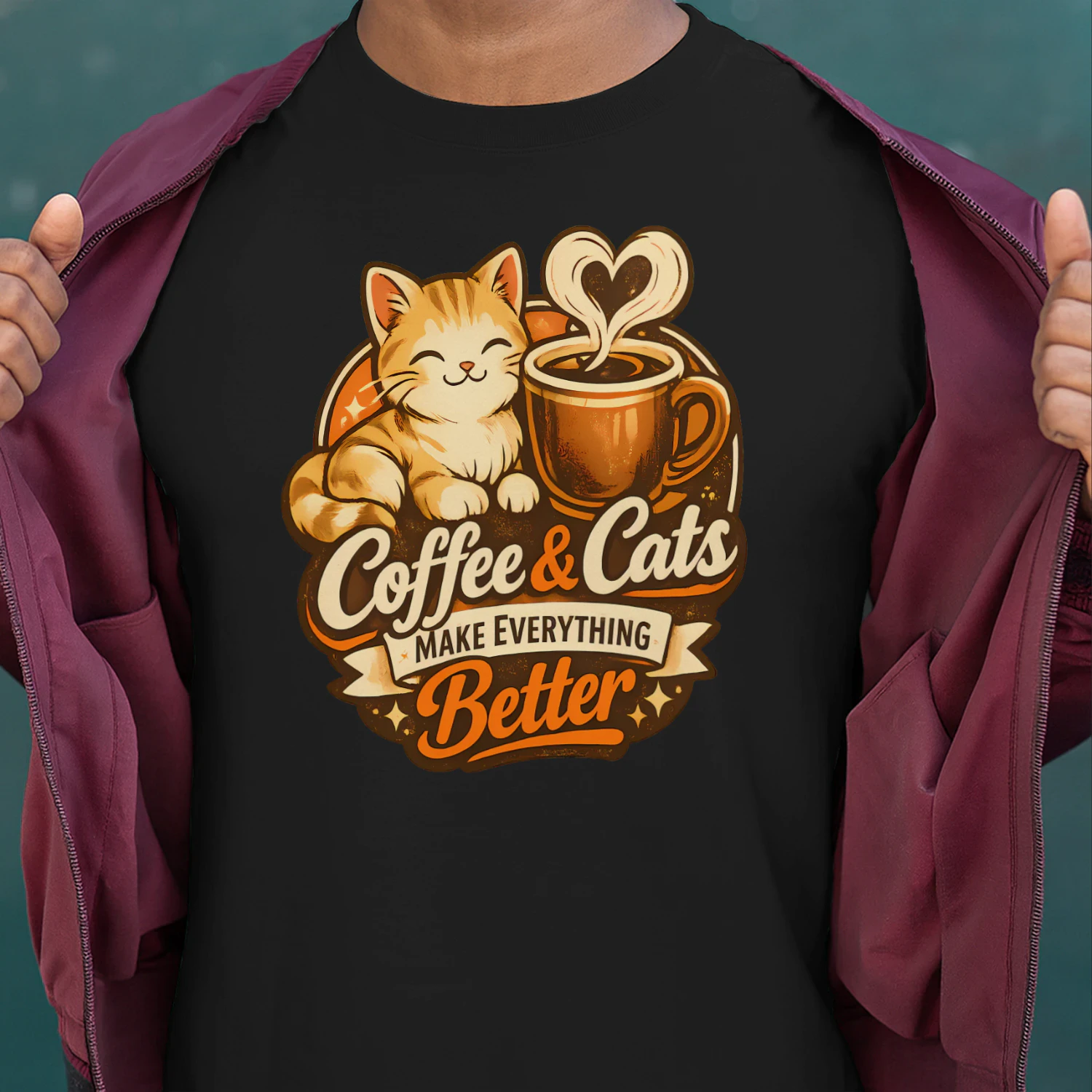 Coffee & Cats Make Everything Better Shirt – Cozy Cat Lover Tee, Warm Coffee Aesthetic Design