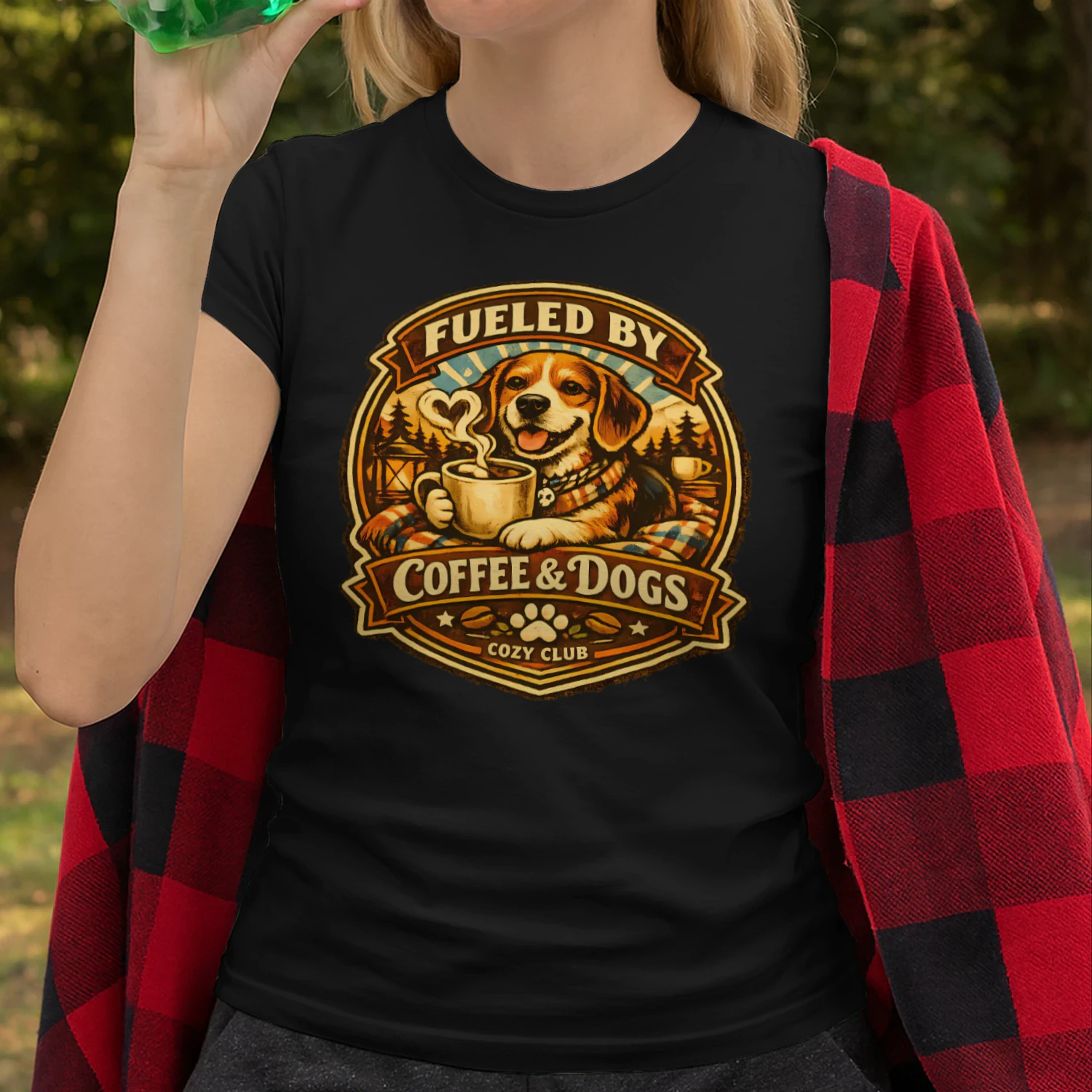 Fueled by Coffee & Dogs Shirt – Cozy Club Dog Lover Tee, Warm Camping Vibes, Coffee Lover Design