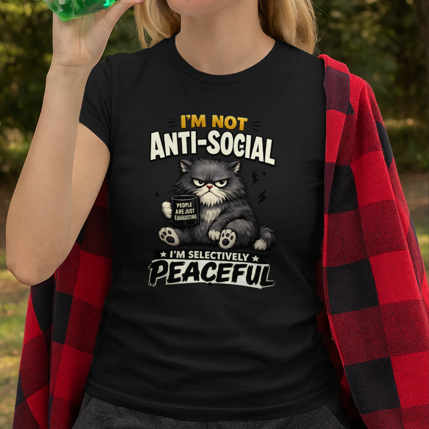 I’m Not Anti‑Social, I’m Selectively Peaceful Shirt – Grumpy Cat Coffee Lover Tee, Introvert Humor, People Are Exhausting Quote