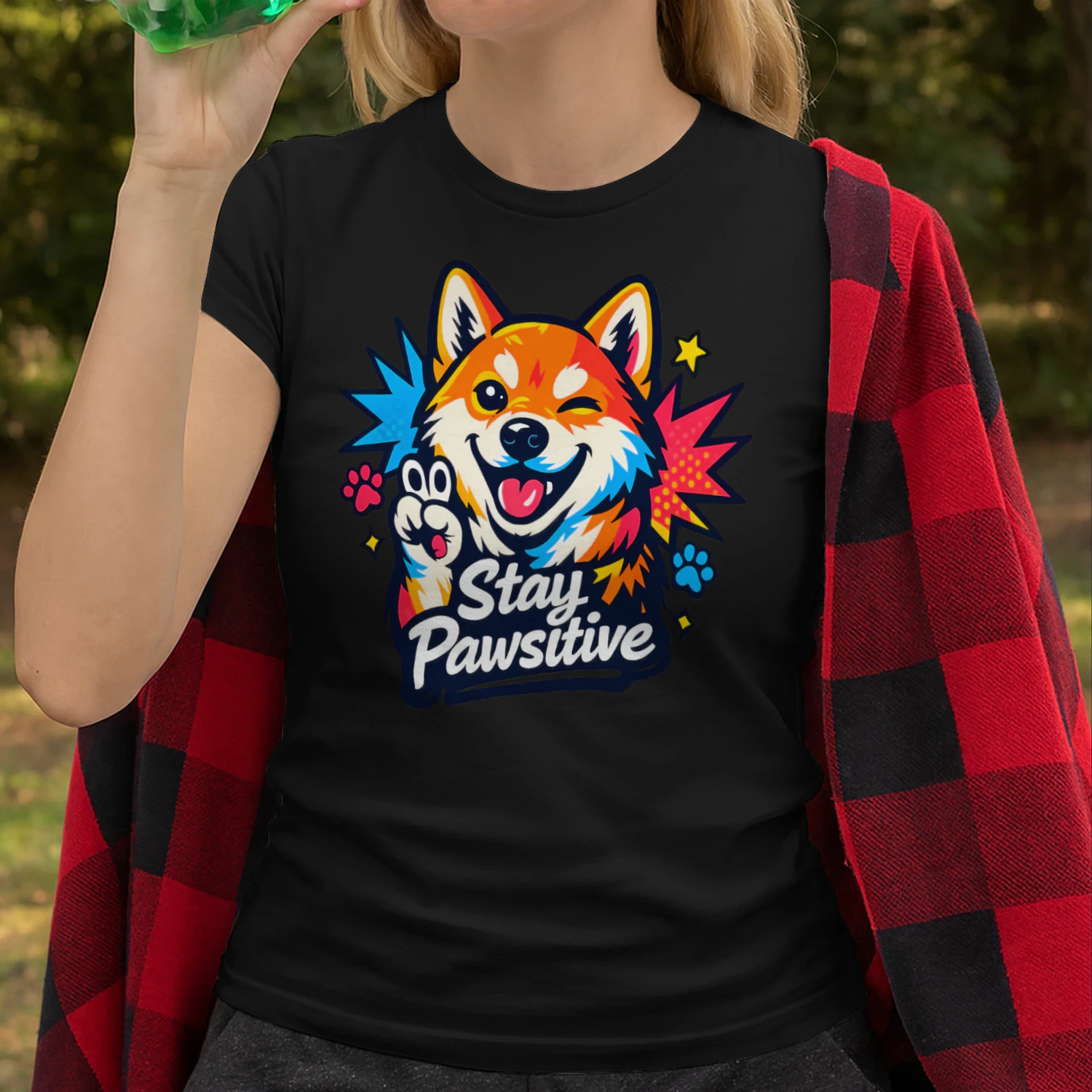Stay Pawsitive Shiba Inu Shirt  – Comic Book Dog Lover Tee, Pop Art Style, Vibrant Color Burst Pet Design