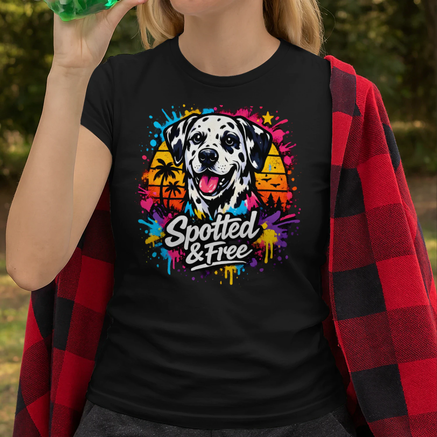 Spotted & Free Dalmatian Shirt – Tropical Sunset Dog Lover Tee, Vibrant Color Splash Pet Design
