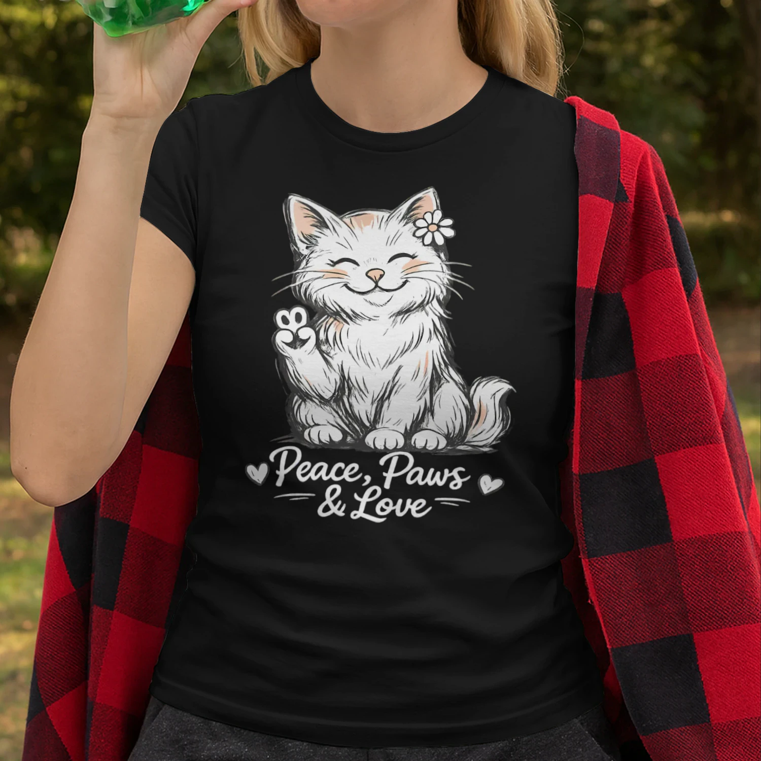 Peace, Paws & Love Cat Shirt – Cute Cartoon Cat Lover Tee, Positive Vibes Pet Design, Soft Aesthetic Graphic