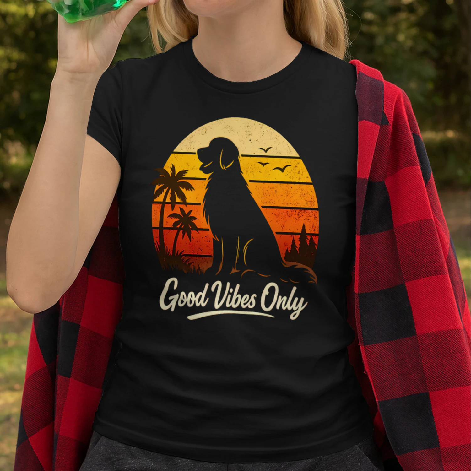 Good Vibes Only Dog Silhouette Shirt – Retro Sunset Tee, Tropical & Forest Mixed Design, Positive Vibes Pet Graphic