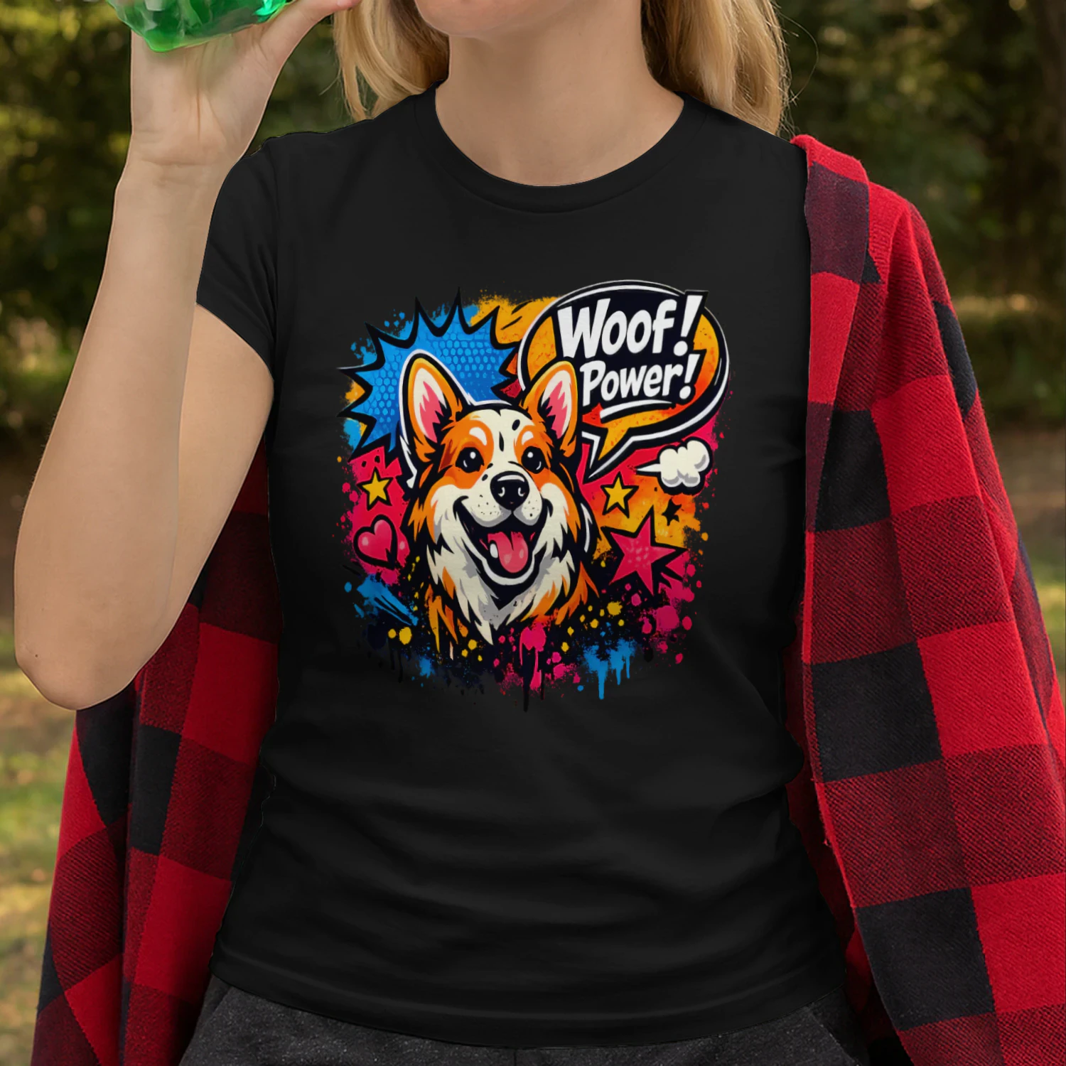 Woof! Power! Corgi Shirt – Pop Art Dog Lover Tee, Comic Book Style, Vibrant Color Splash Pet Design