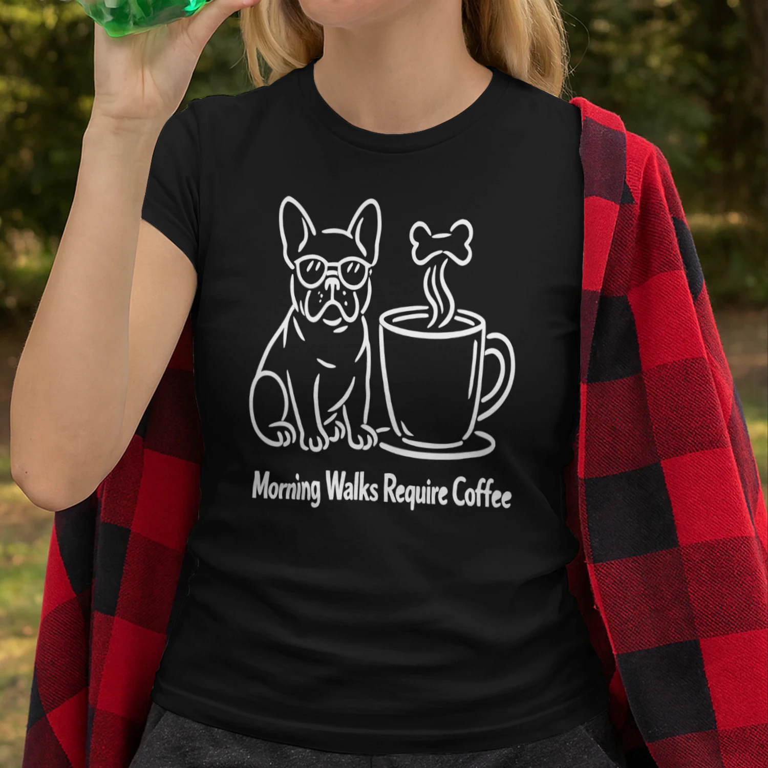 Morning Walks Require Coffee French Bulldog Shirt – Funny Minimalist Dog Lover Tee, Frenchie Mom Gift, Coffee Addict Apparel