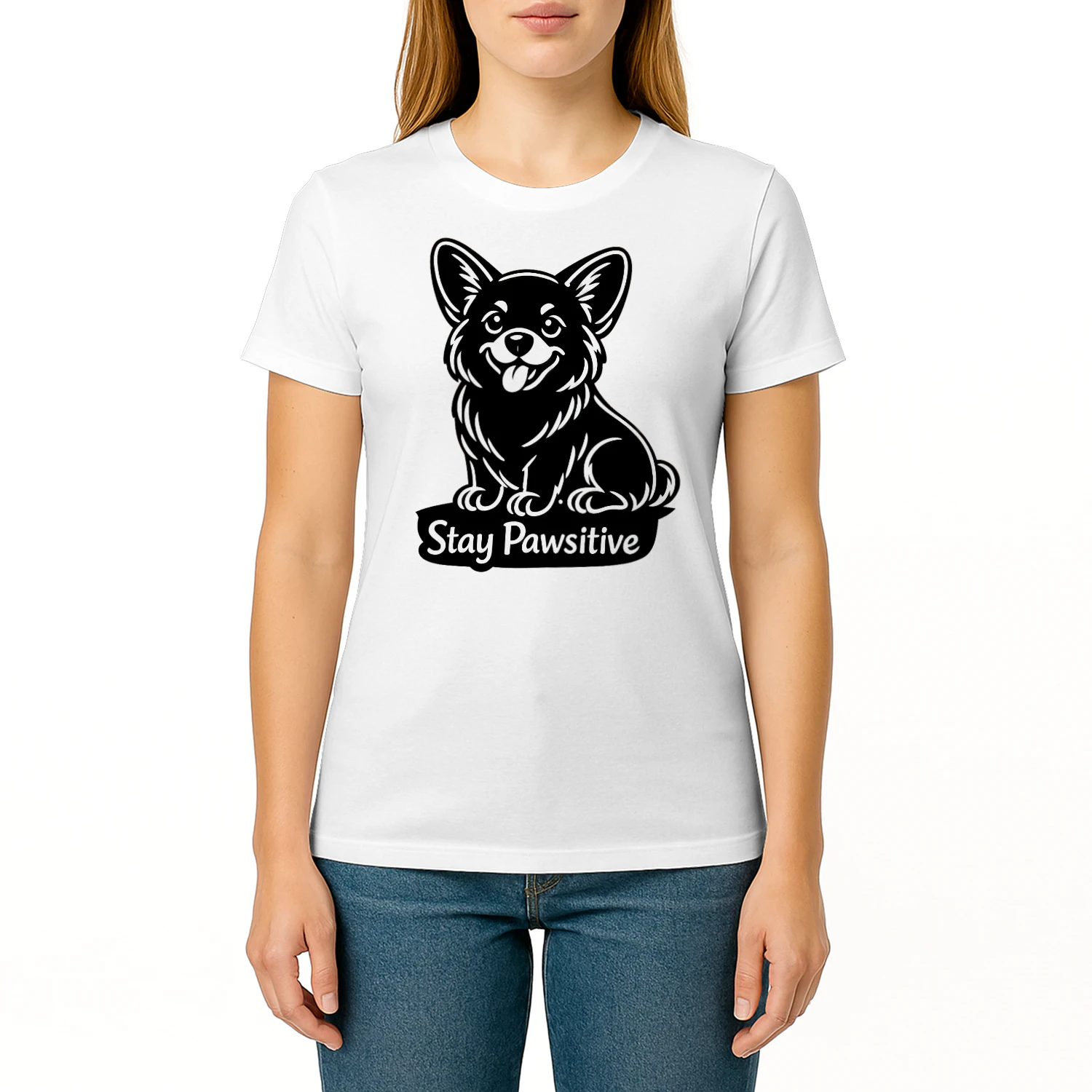 Stay Pawsitive Corgi Shirt – Cute Dog Lover Tee, Minimal Black & White Pet Design, Positive Vibes Apparel