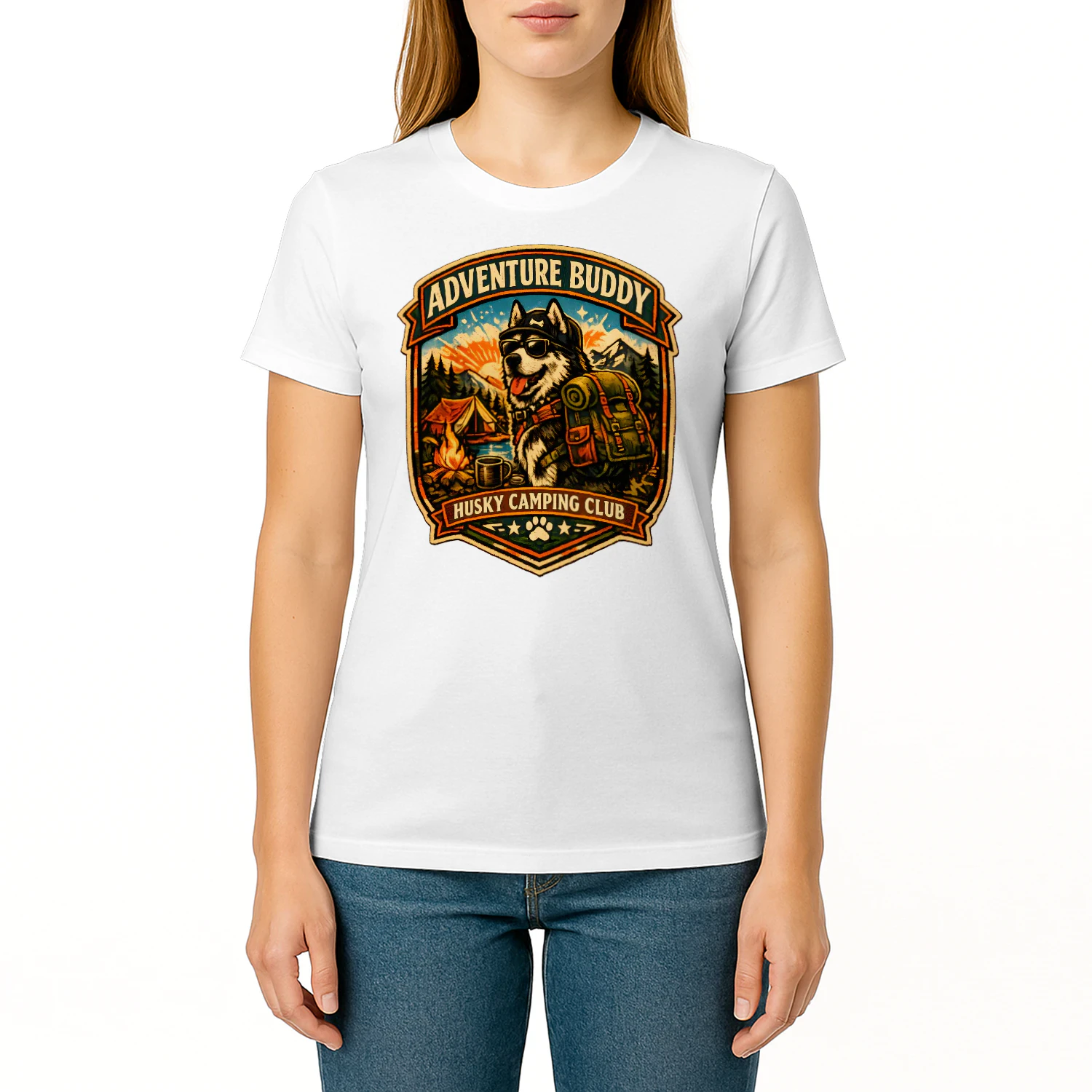 Adventure Buddy Husky Camping Club Shirt – Vintage Outdoor Dog Lover Tee, Hiking & Camping Badge Design