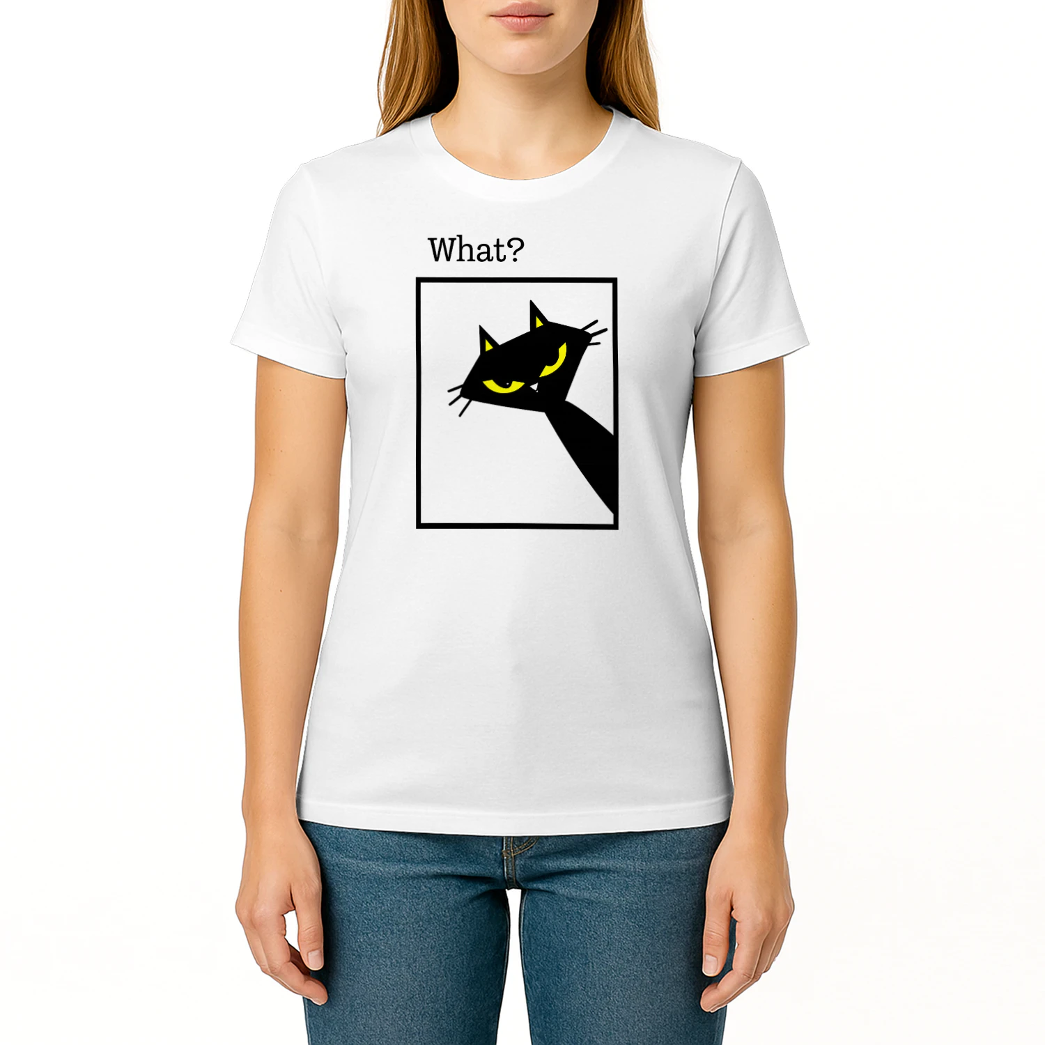 What? Black Cat Shirt – Funny Cat Reaction Tee, Minimalist Yellow Eyes Cat Design, Pet Lover Apparel