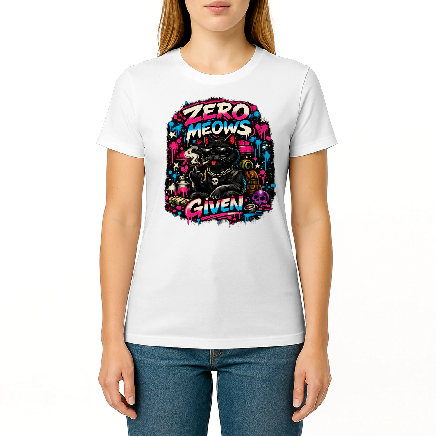 Zero Meows Given Shirt – Graffiti Street Cat Tee, Neon Urban Style, Funny Attitude Pet Lover Design