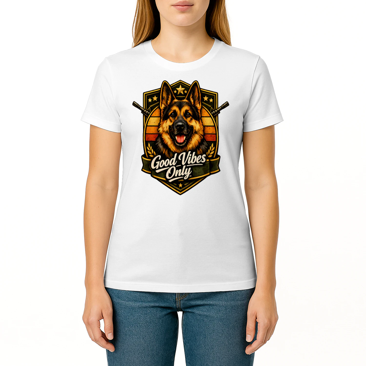 Good Vibes Only German Shepherd Shirt – Military Badge Dog Lover Tee, Retro Sunset Strong Pet Design