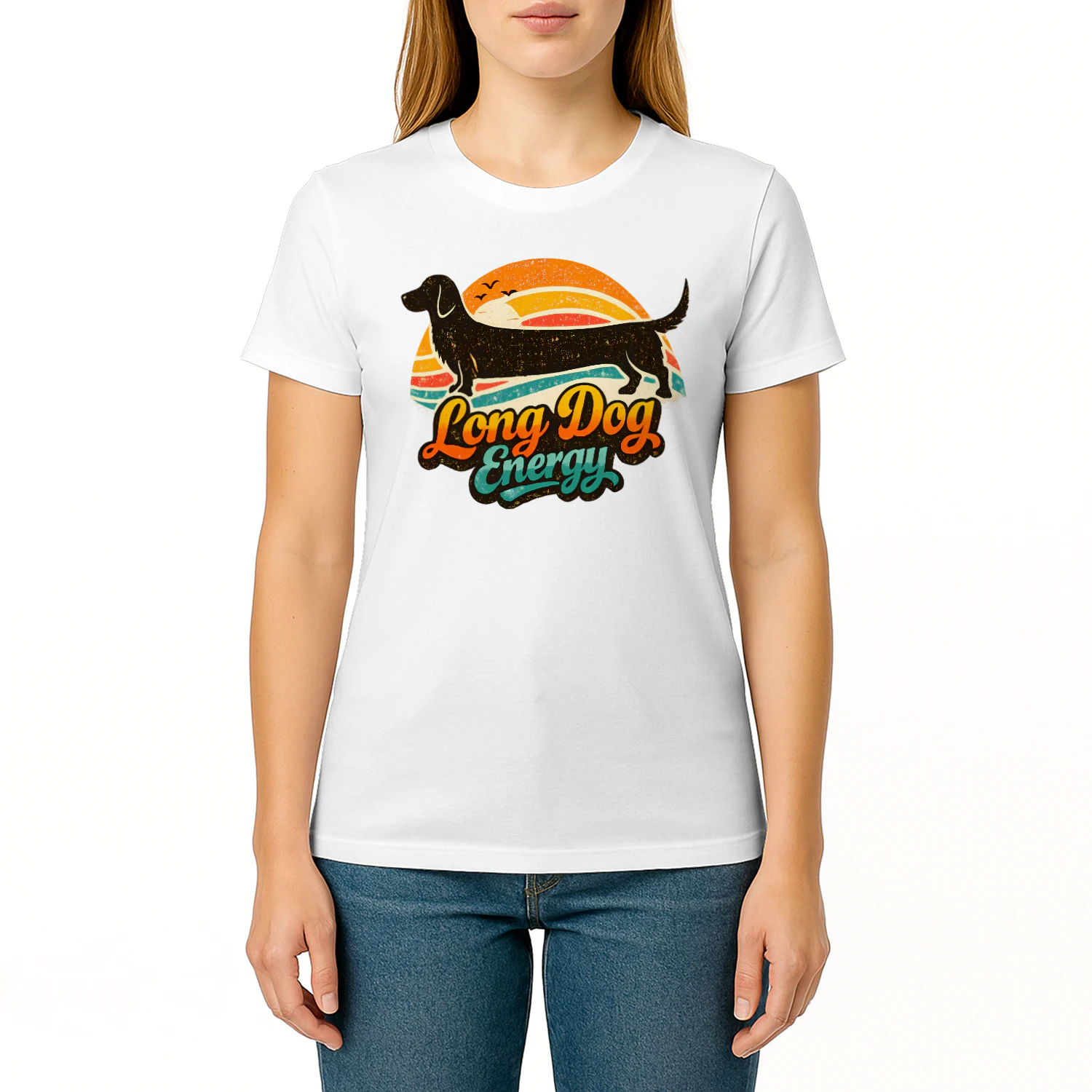 Long Dog Energy – Retro Sunset Dachshund Tee, Funny Wiener Dog Gift, Vintage Dog Lover Apparel