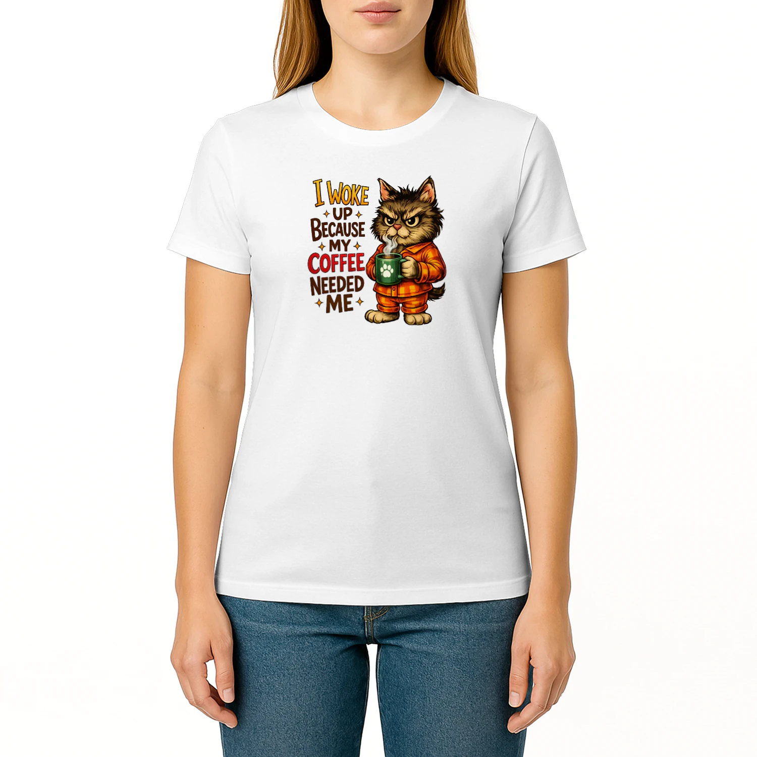 I Woke Up Because My Coffee Needed Me – Grumpy Pajama Cat Coffee Lover Tee, Funny Morning Humor Design