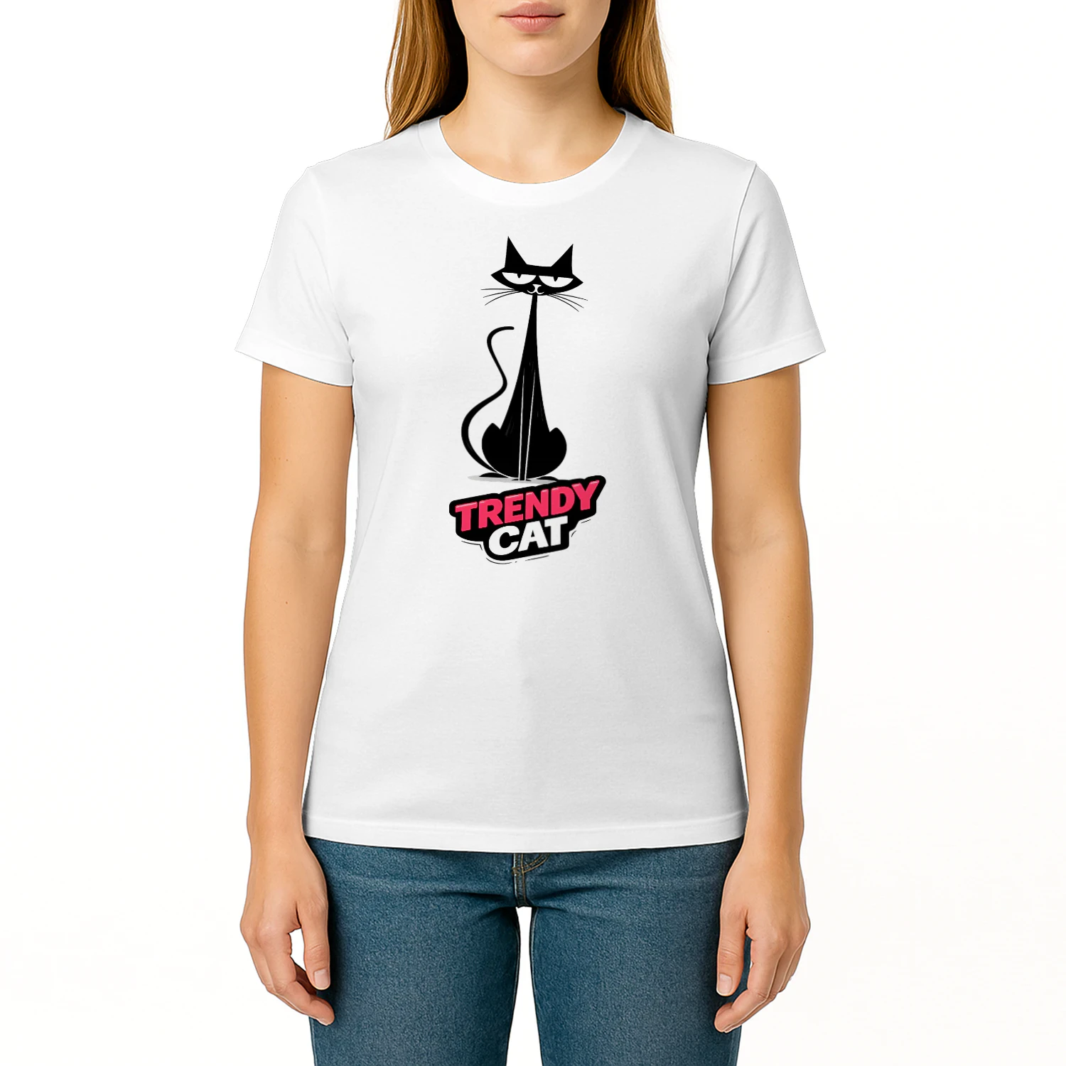 Trendy Cat – Minimalist Fashion Cat Logo Tee, Modern Silhouette Design, Stylish Pet Lover Apparel