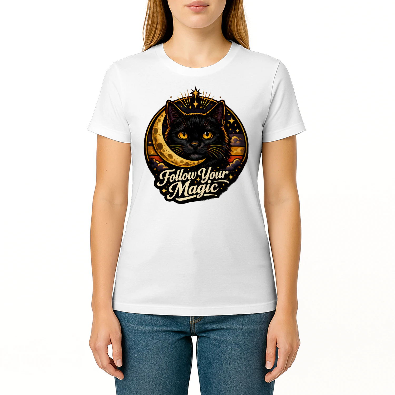 Follow Your Magic Shirt – Mystical Black Cat Tee, Celestial Moon & Stars Design, Witchy Aesthetic Apparel