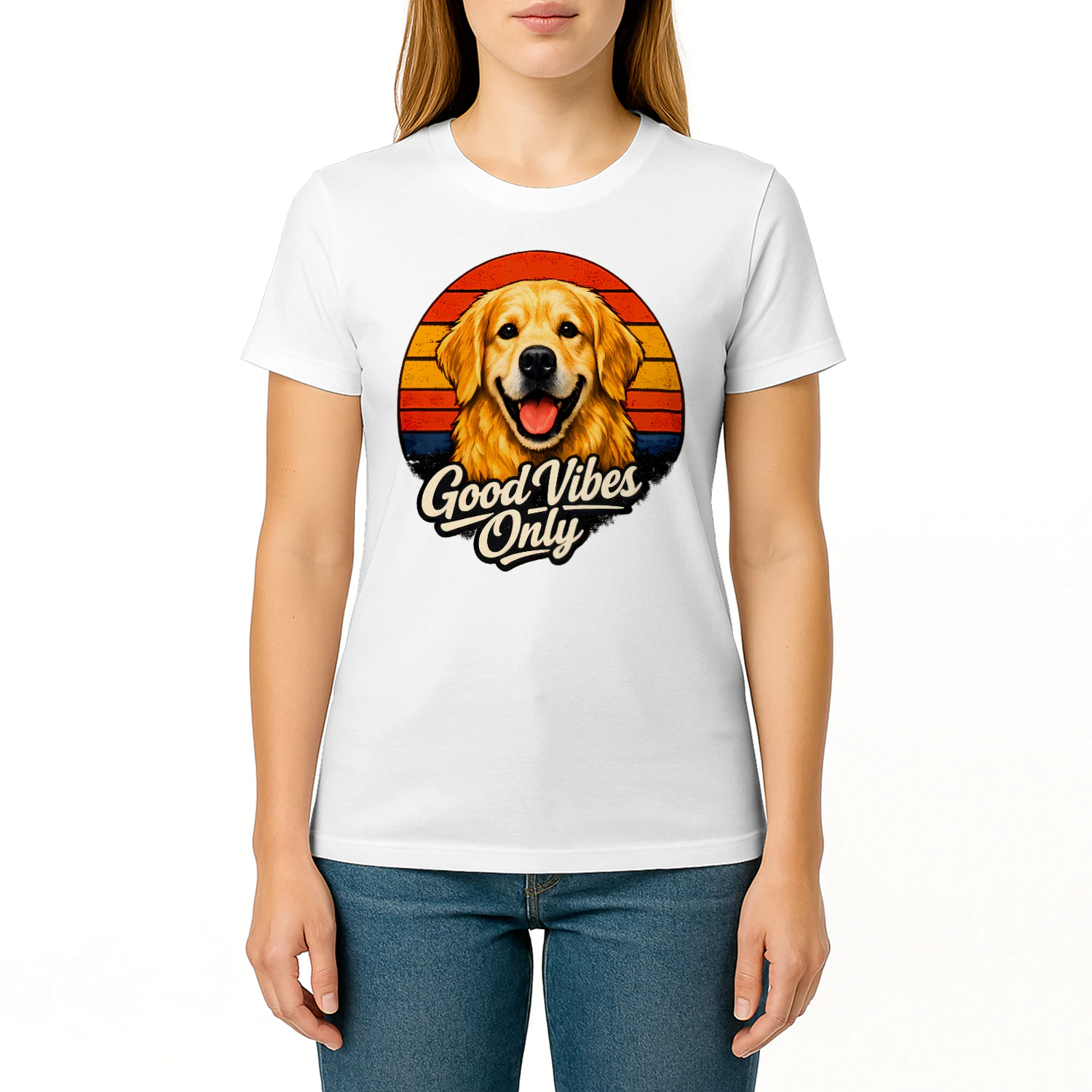 Good Vibes Only Golden Retriever Shirt – Retro Sunset Dog Lover Tee, Positive Vibes Pet Design