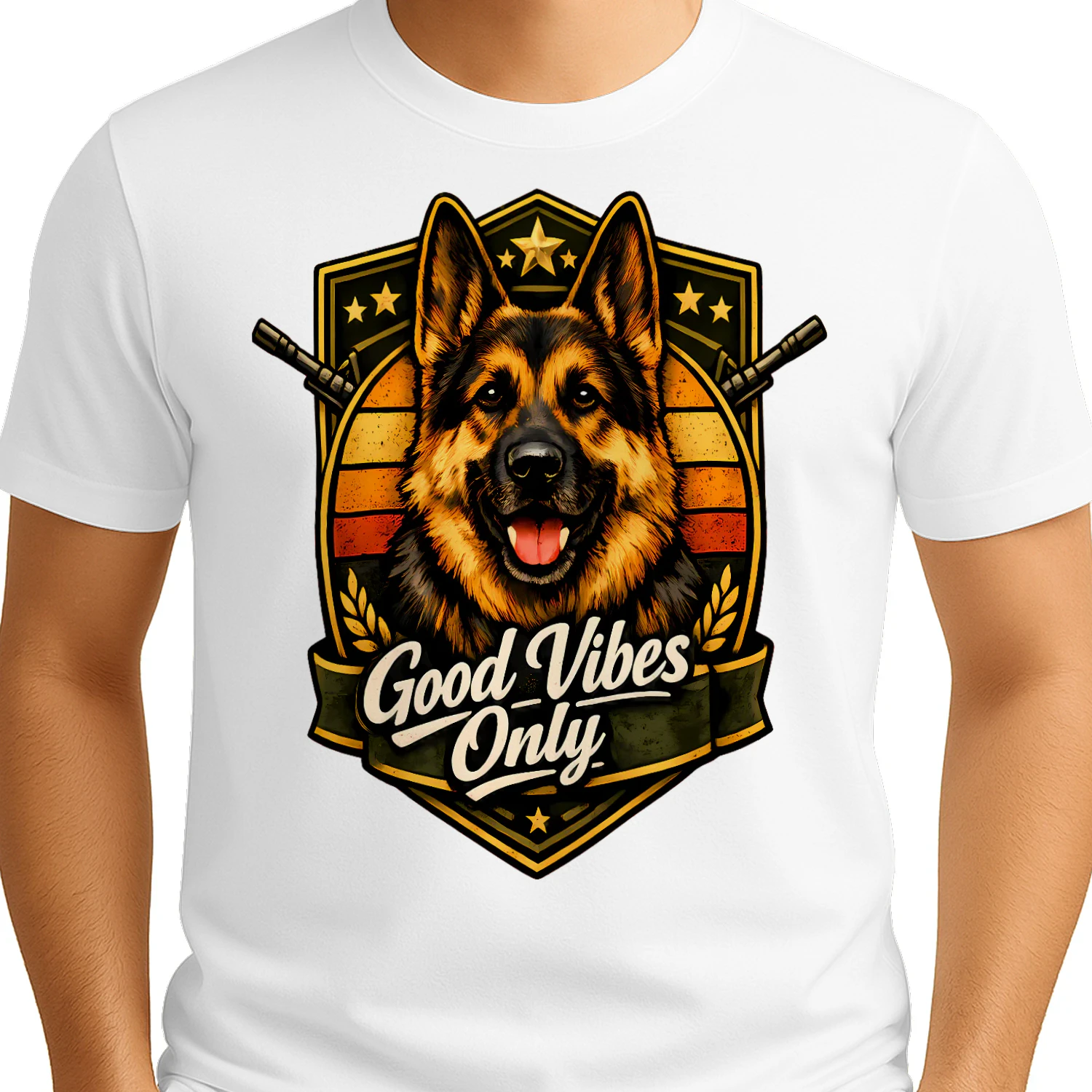 Good Vibes Only German Shepherd Shirt – Military Badge Dog Lover Tee, Retro Sunset Strong Pet Design