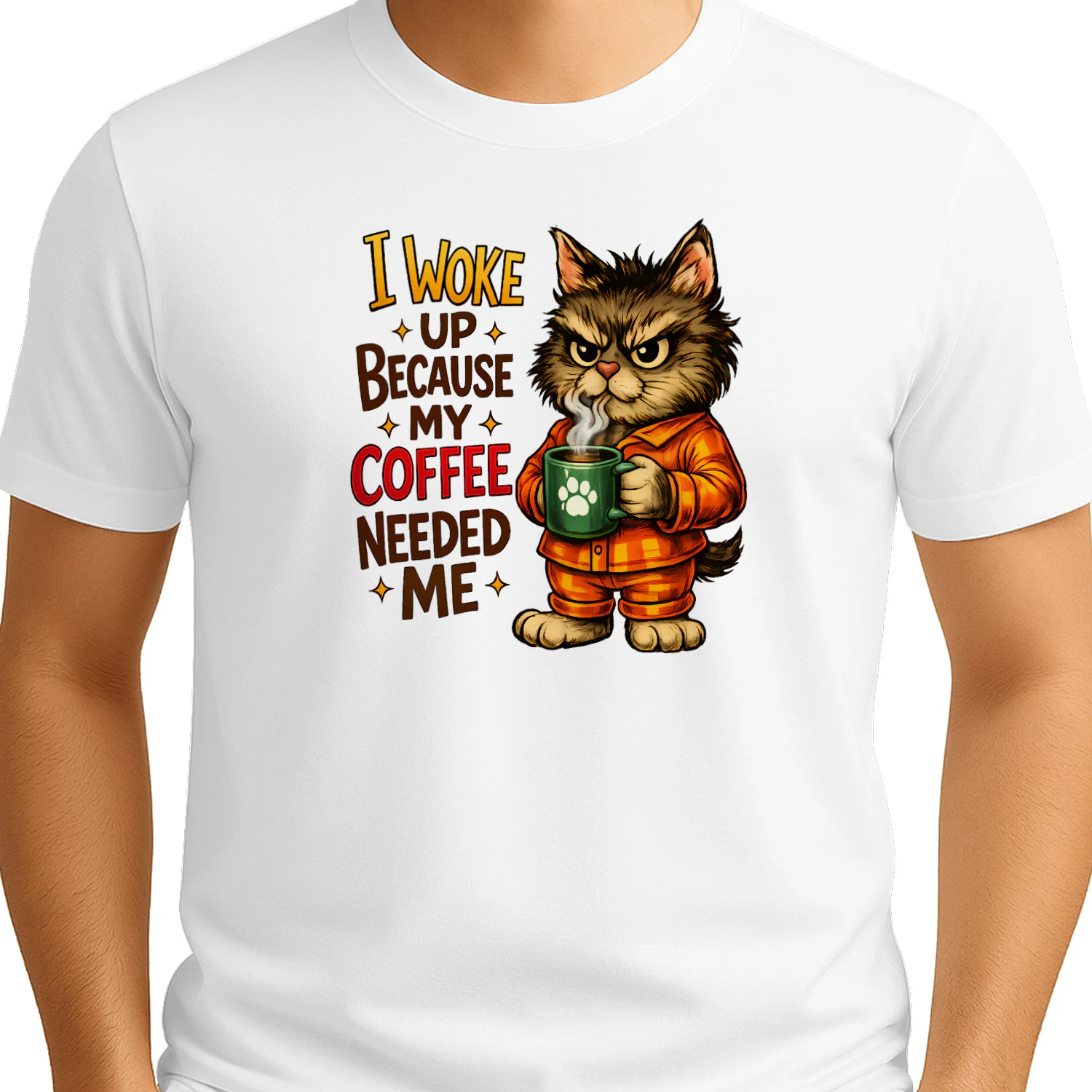 I Woke Up Because My Coffee Needed Me – Grumpy Pajama Cat Coffee Lover Tee, Funny Morning Humor Design
