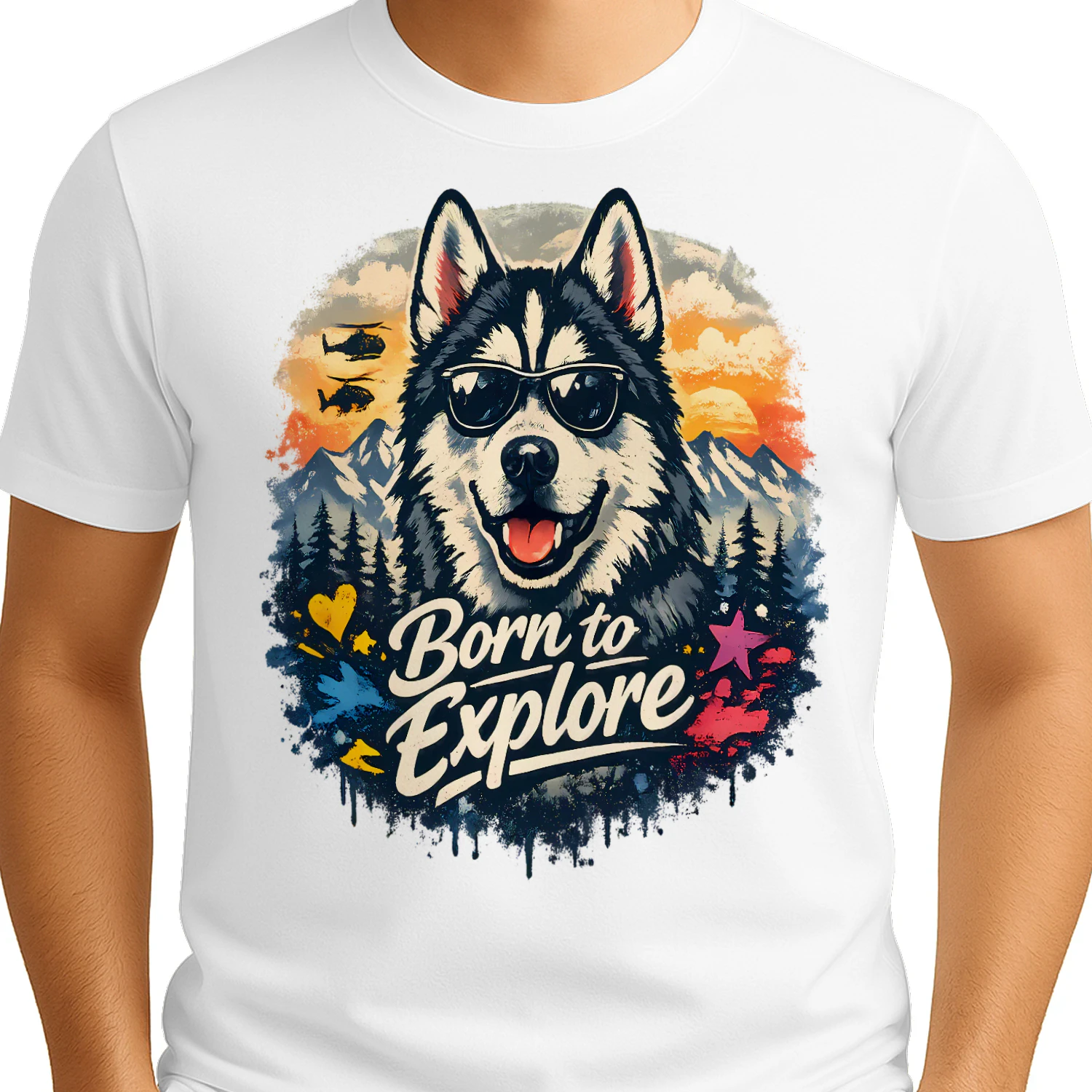Born to Explore Husky Shirt – Adventure Dog Lover Tee, Mountain Sunset Outdoor Design, Vibrant Pet Graphic