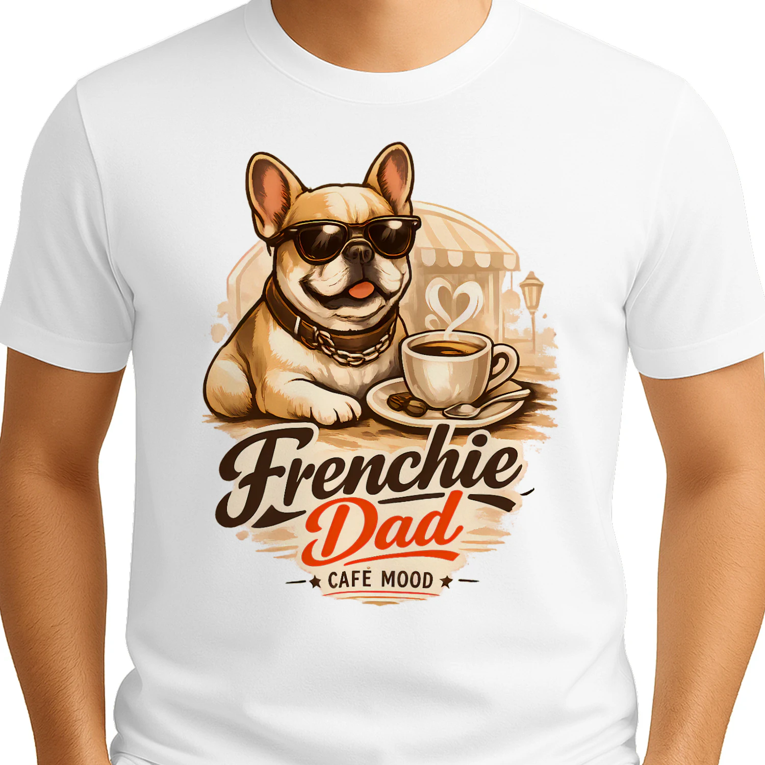 Frenchie Dad Café Mood Shirt – Cozy Coffee Lover Tee, Cute French Bulldog Café Design
