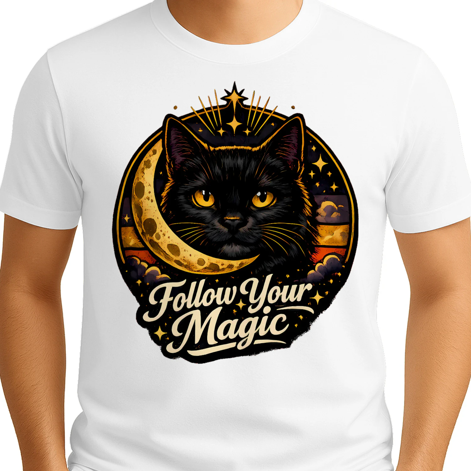 Follow Your Magic Shirt – Mystical Black Cat Tee, Celestial Moon & Stars Design, Witchy Aesthetic Apparel