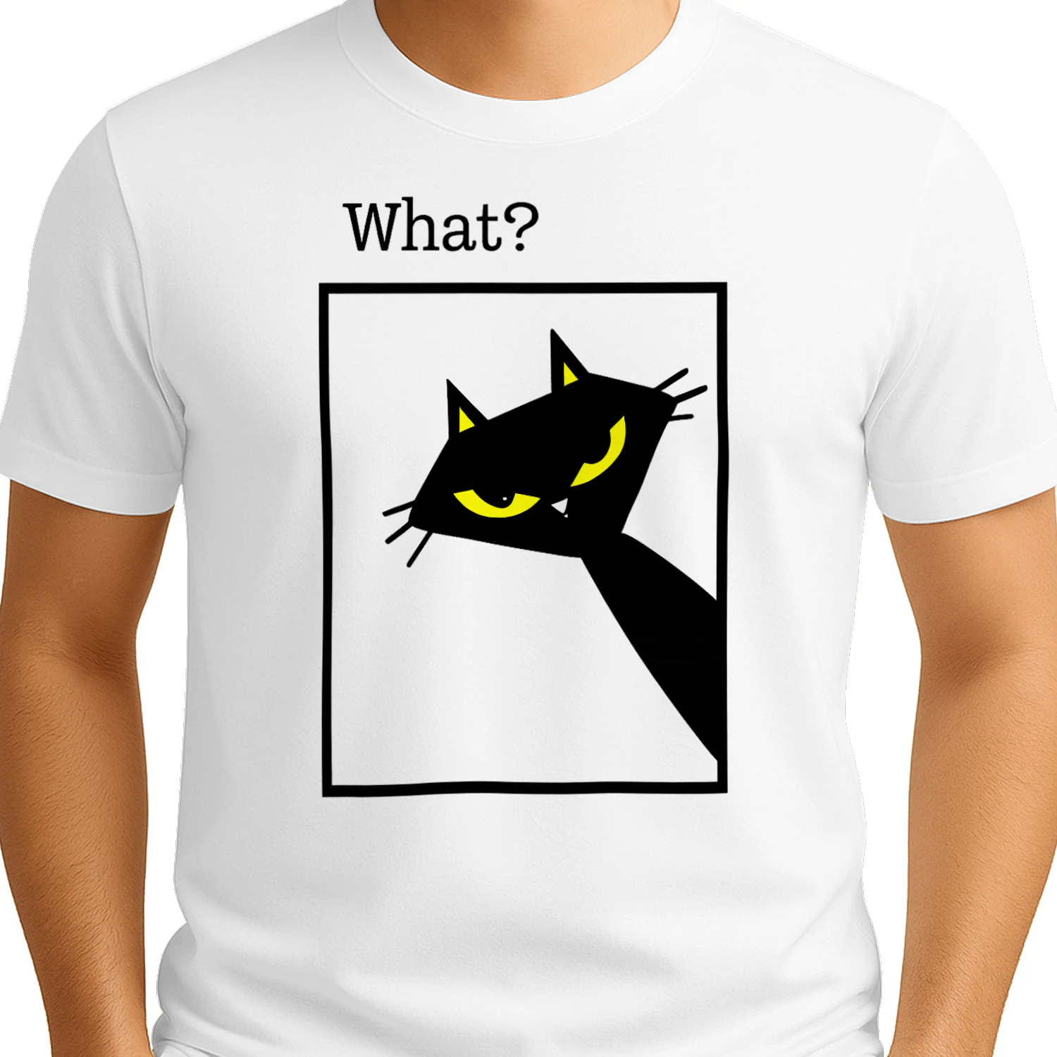 What? Black Cat Shirt – Funny Cat Reaction Tee, Minimalist Yellow Eyes Cat Design, Pet Lover Apparel