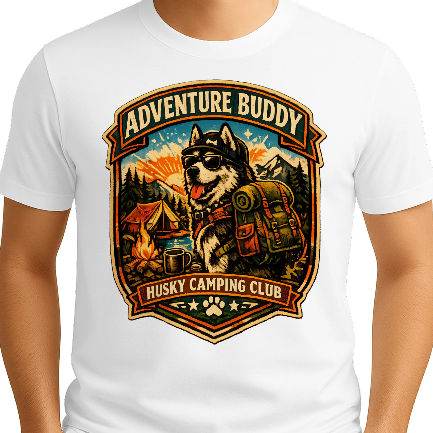 Adventure Buddy Husky Camping Club Shirt – Vintage Outdoor Dog Lover Tee, Hiking & Camping Badge Design