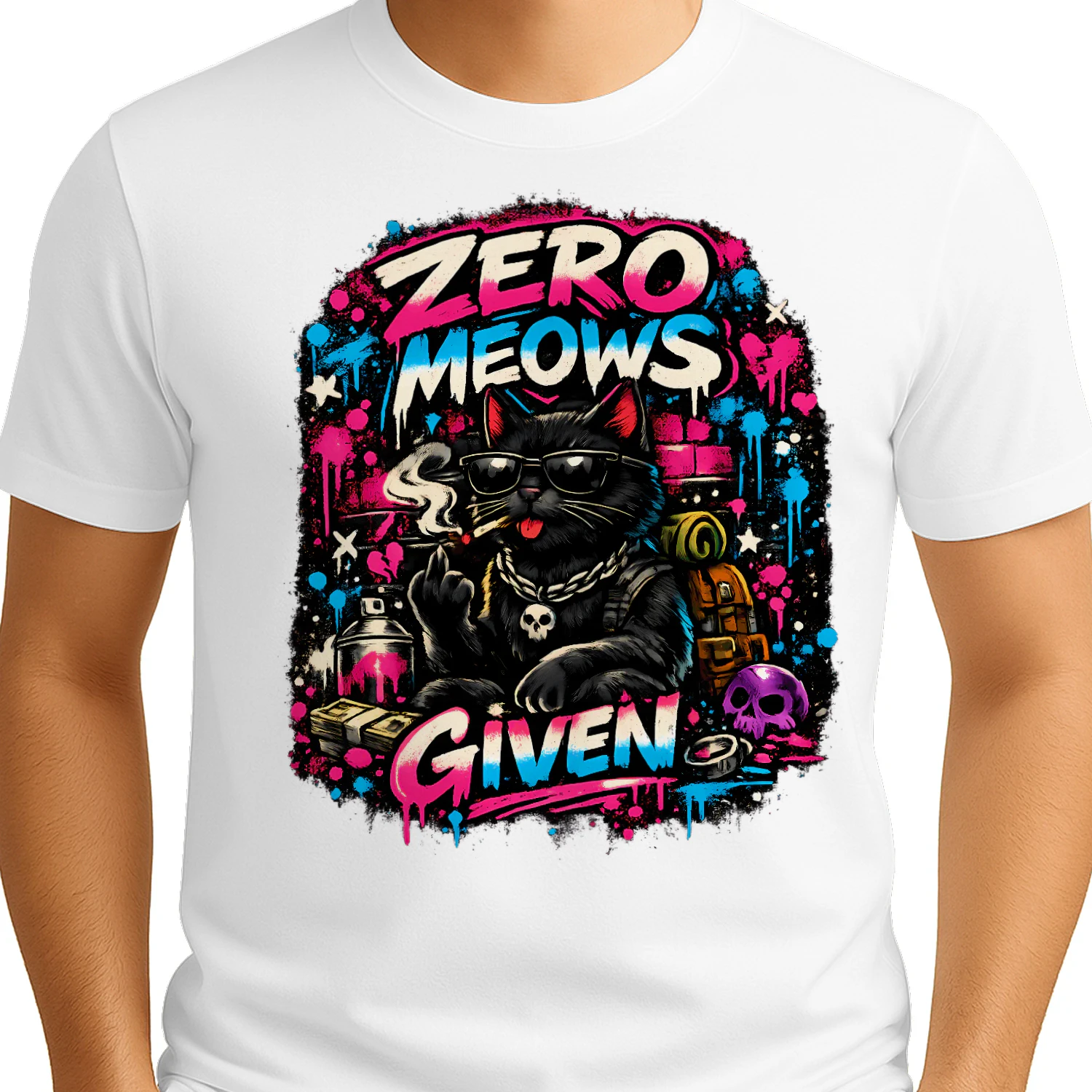 Zero Meows Given Shirt – Graffiti Street Cat Tee, Neon Urban Style, Funny Attitude Pet Lover Design