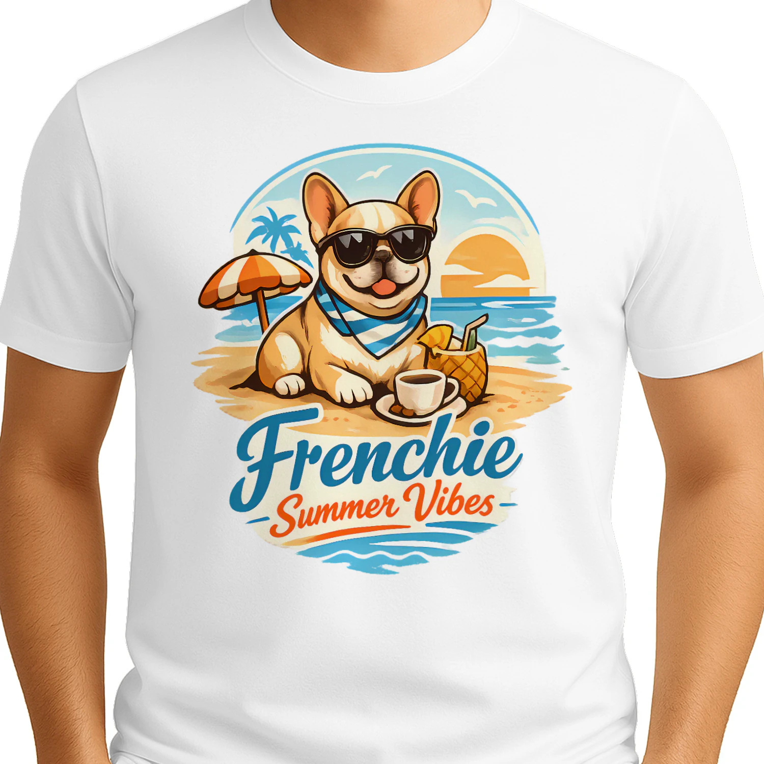 Frenchie Summer Vibes Shirt – Tropical Beach Dog Lover Tee, Cute French Bulldog Vacation Design