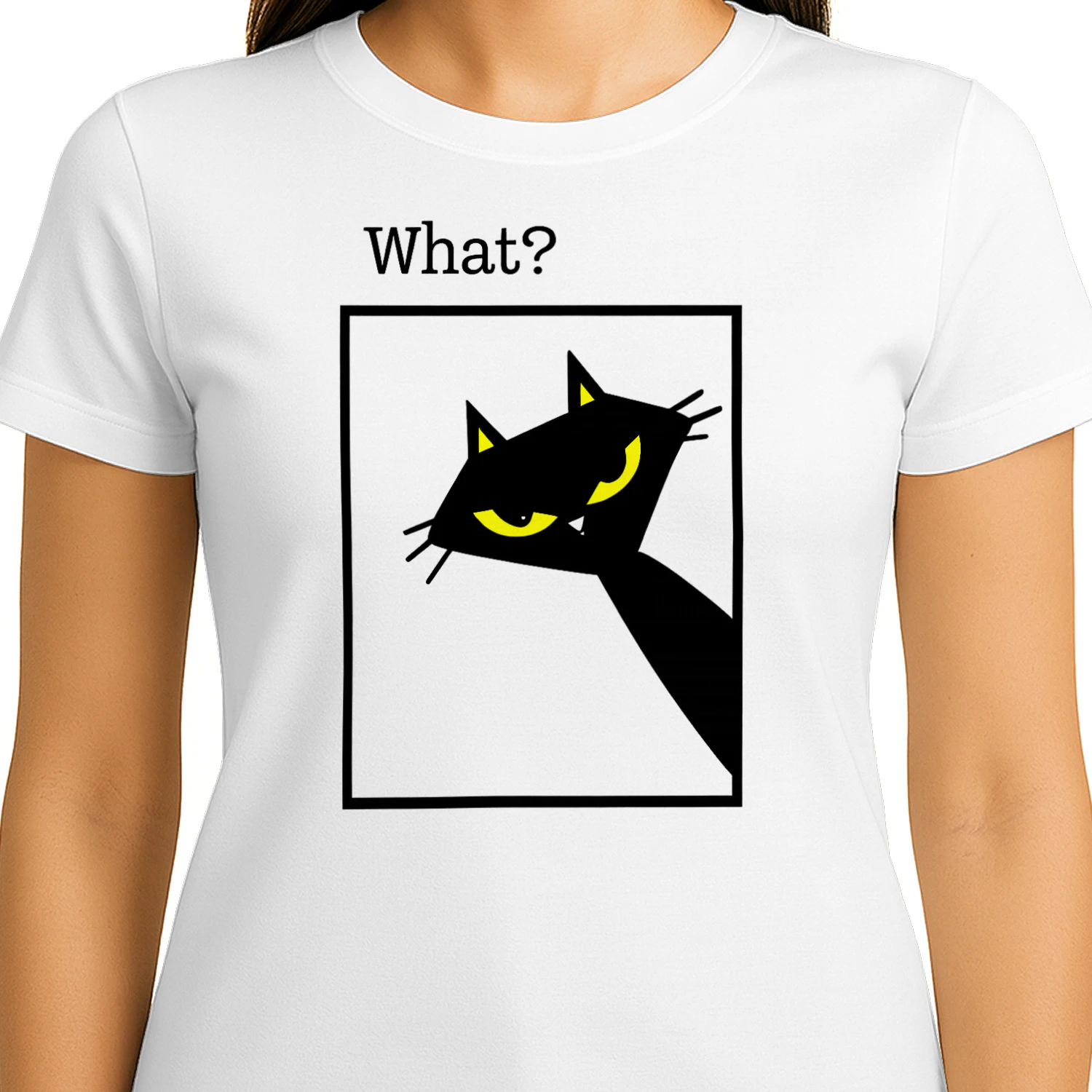 What? Black Cat Shirt – Funny Cat Reaction Tee, Minimalist Yellow Eyes Cat Design, Pet Lover Apparel