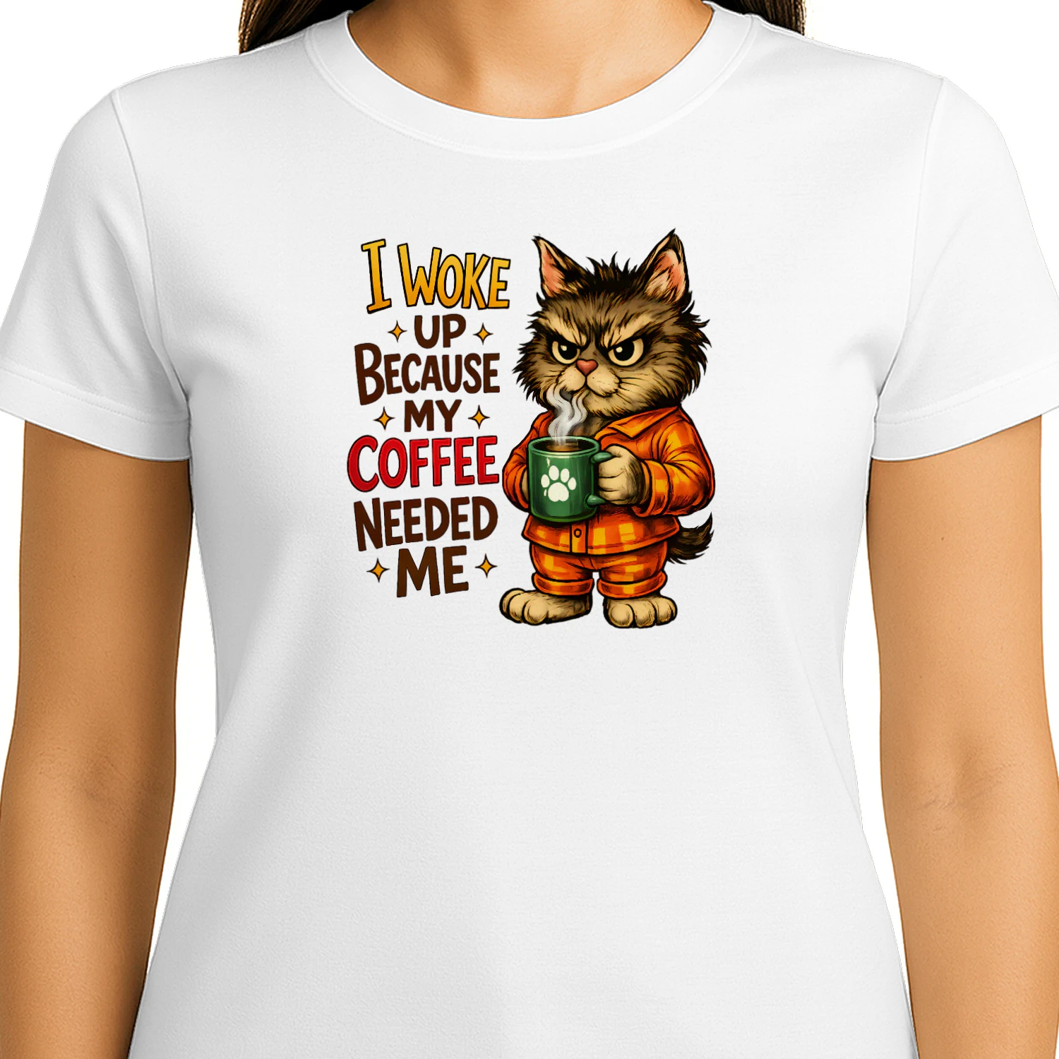 I Woke Up Because My Coffee Needed Me – Grumpy Pajama Cat Coffee Lover Tee, Funny Morning Humor Design