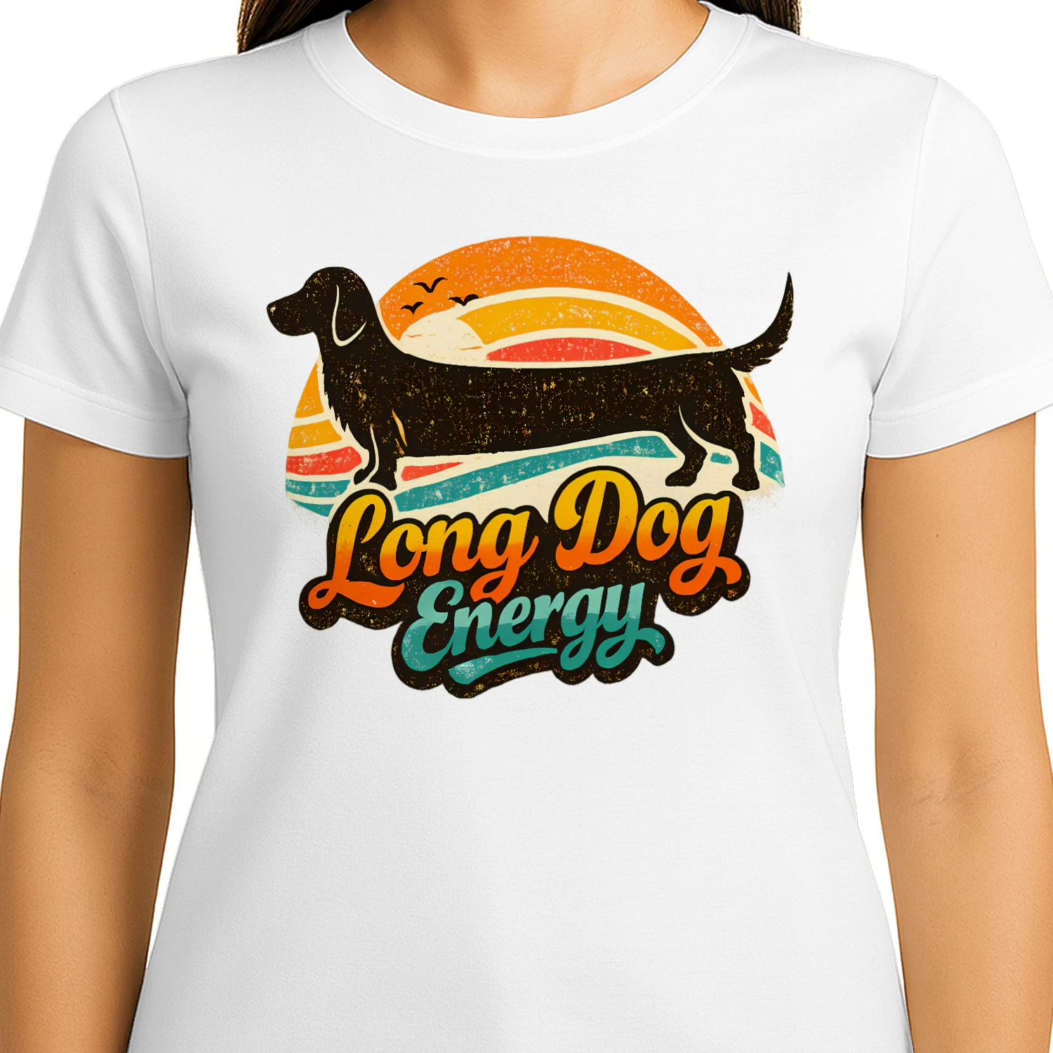 Long Dog Energy – Retro Sunset Dachshund Tee, Funny Wiener Dog Gift, Vintage Dog Lover Apparel