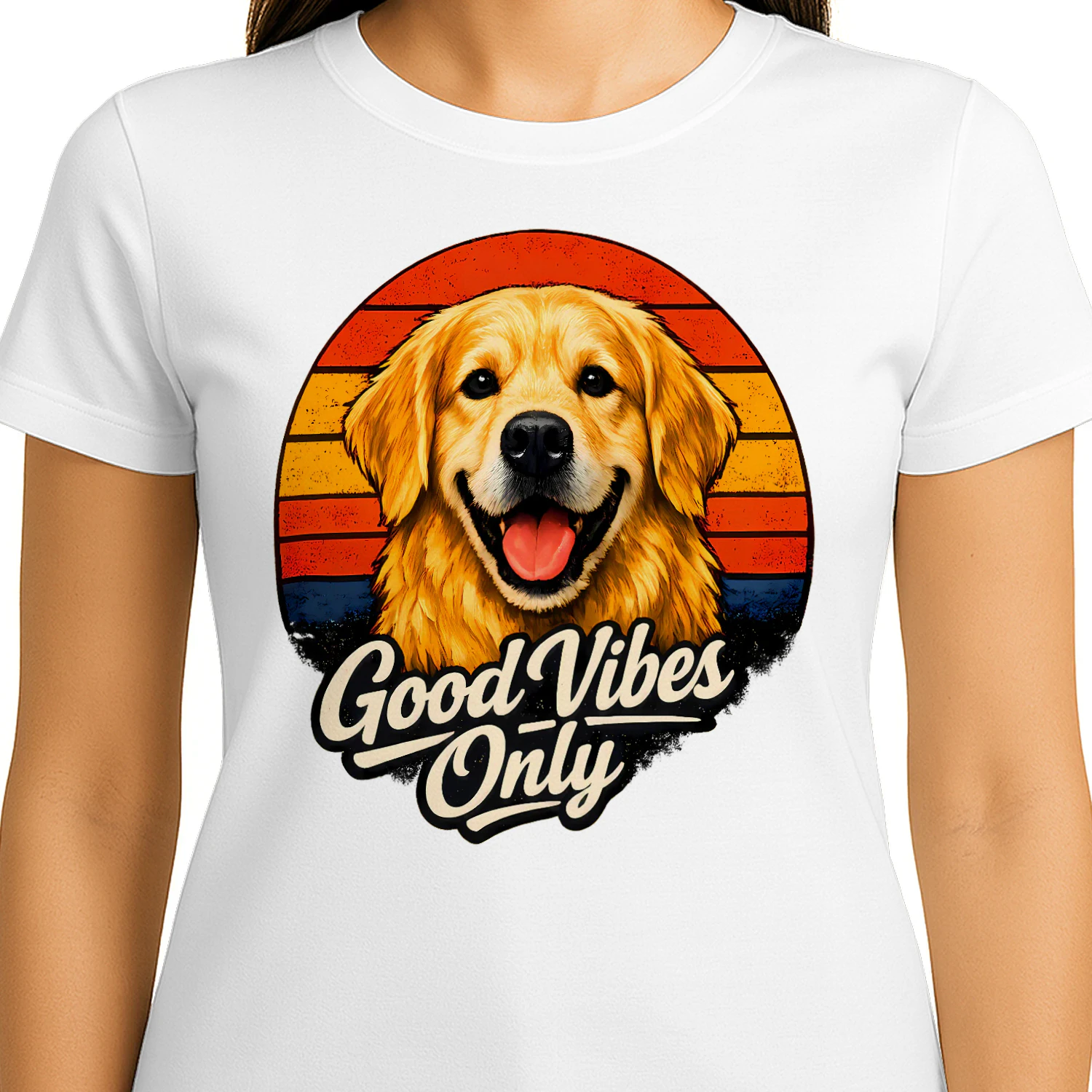 Good Vibes Only Golden Retriever Shirt – Retro Sunset Dog Lover Tee, Positive Vibes Pet Design