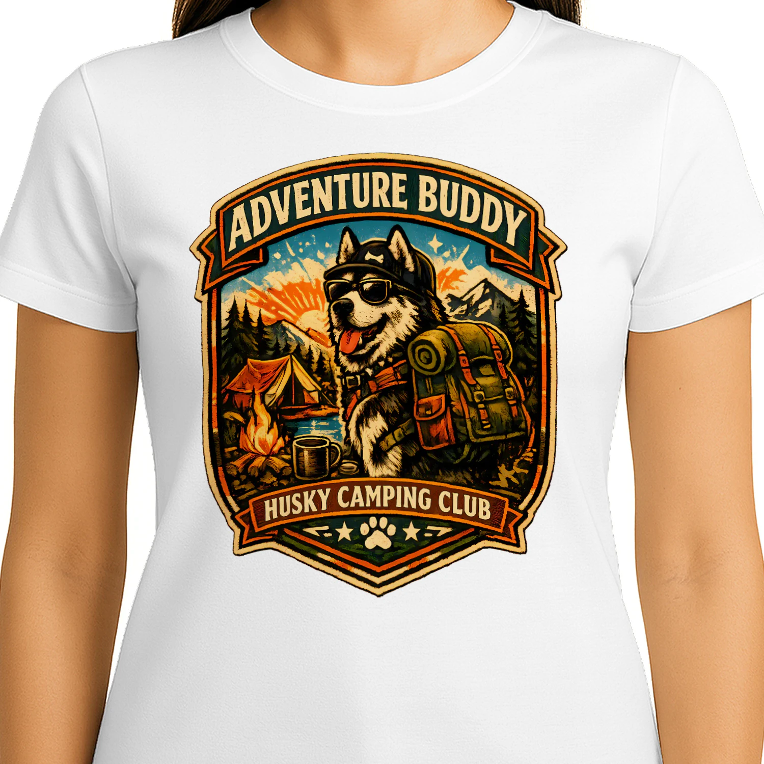 Adventure Buddy Husky Camping Club Shirt – Vintage Outdoor Dog Lover Tee, Hiking & Camping Badge Design