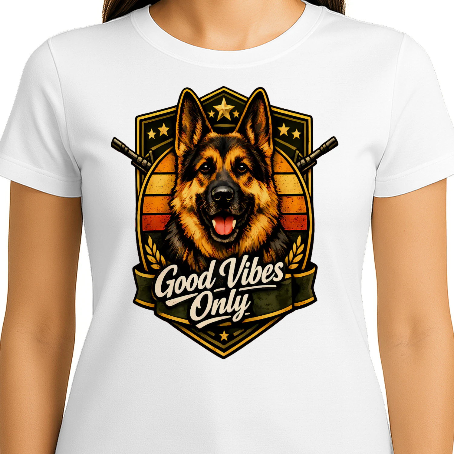 Good Vibes Only German Shepherd Shirt – Military Badge Dog Lover Tee, Retro Sunset Strong Pet Design