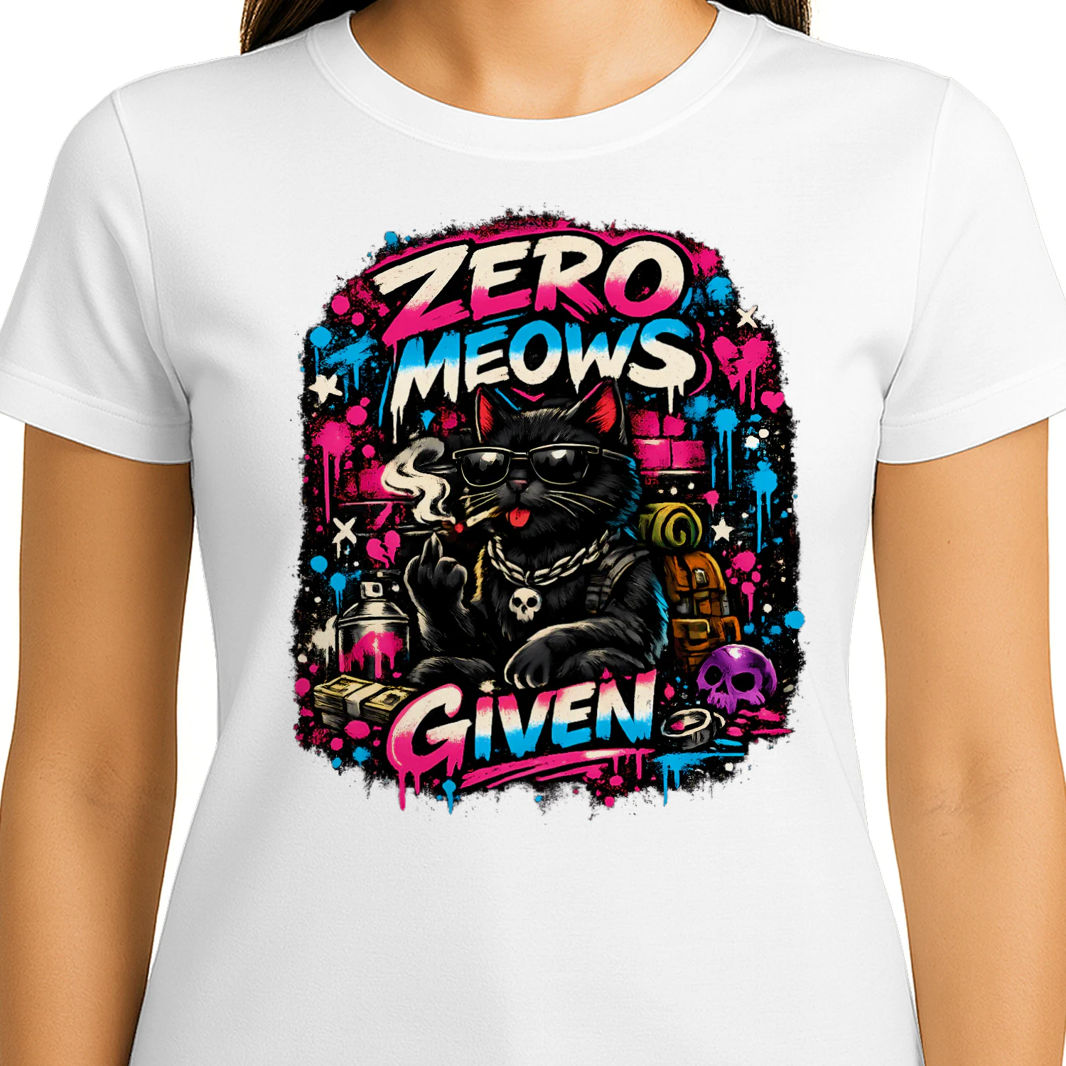 Zero Meows Given Shirt – Graffiti Street Cat Tee, Neon Urban Style, Funny Attitude Pet Lover Design