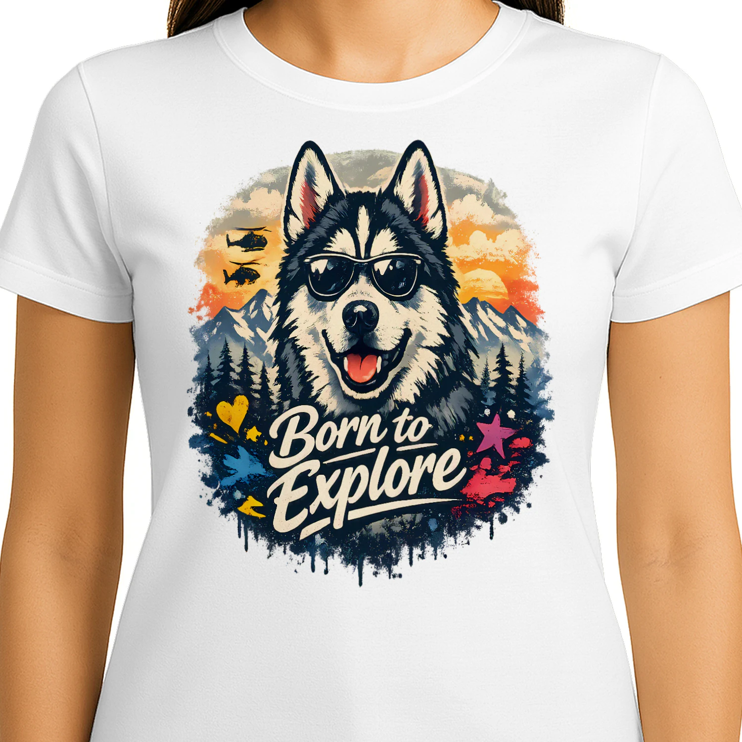 Born to Explore Husky Shirt – Adventure Dog Lover Tee, Mountain Sunset Outdoor Design, Vibrant Pet Graphic
