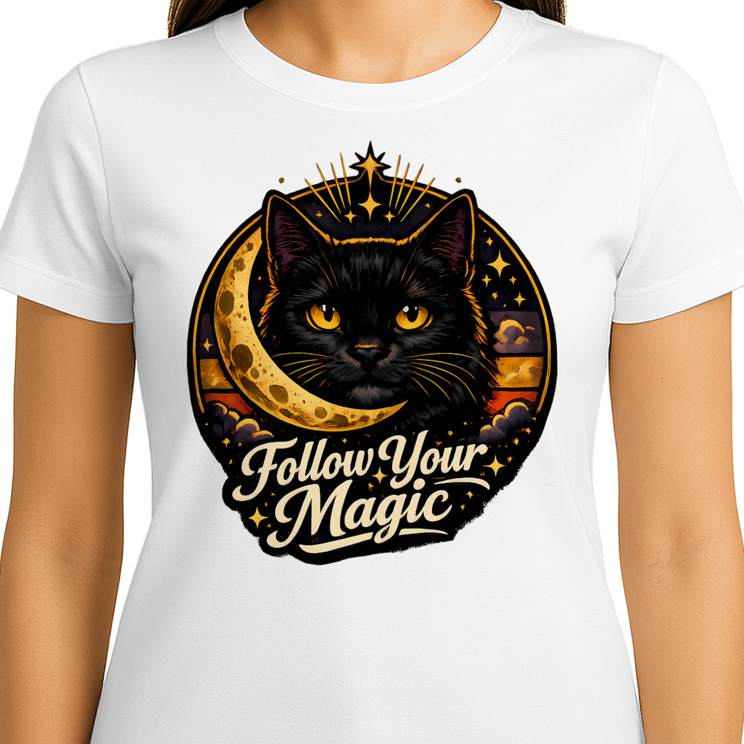 Follow Your Magic Shirt – Mystical Black Cat Tee, Celestial Moon & Stars Design, Witchy Aesthetic Apparel