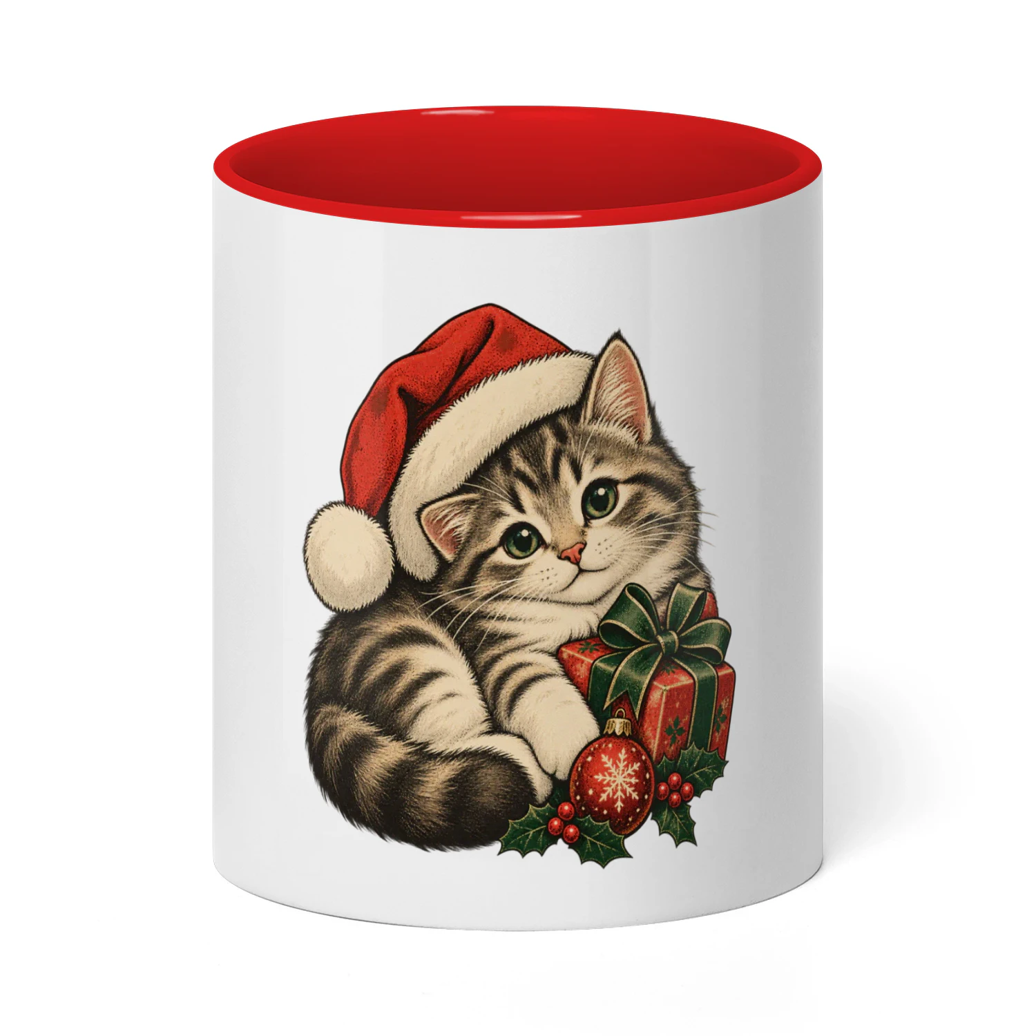 Christmas Cat Mug, Santa Hat Kitten Coffee Cup, Cat Lover Holiday Gift