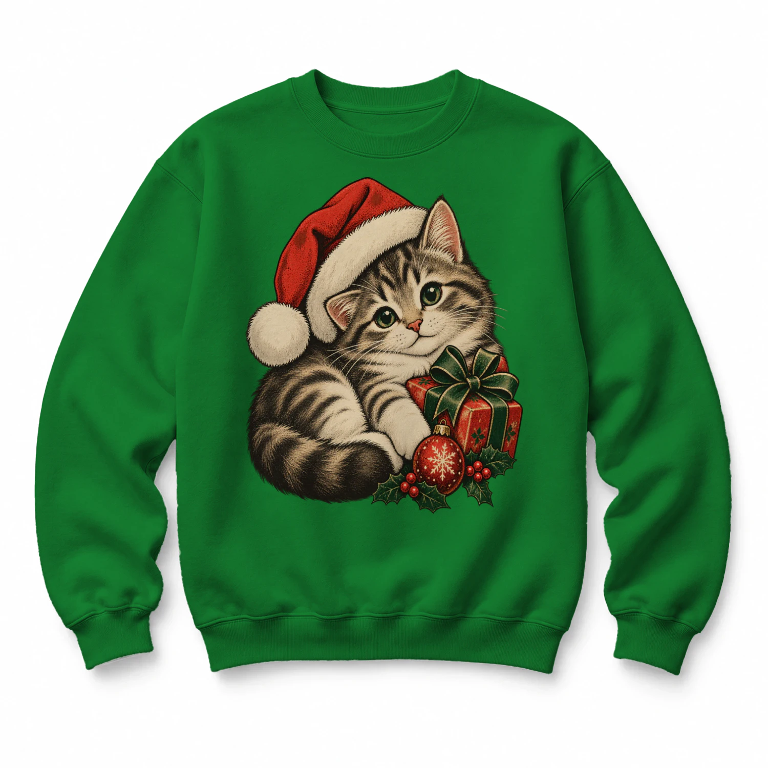 Christmas Cat Sweatshirt , Santa Hat Kitten Tee, Cat Lover Holiday Gift