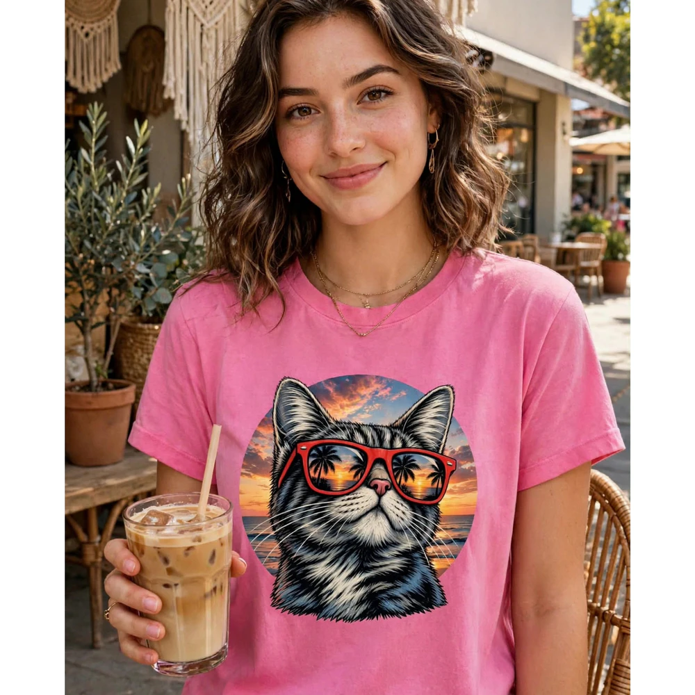 Cool Sunset Vacation Cat Graphic Tee Campaign