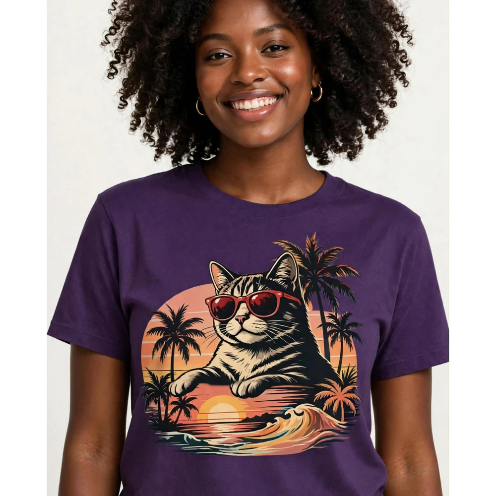 Cool Retro Sunset Cat Graphic Tee